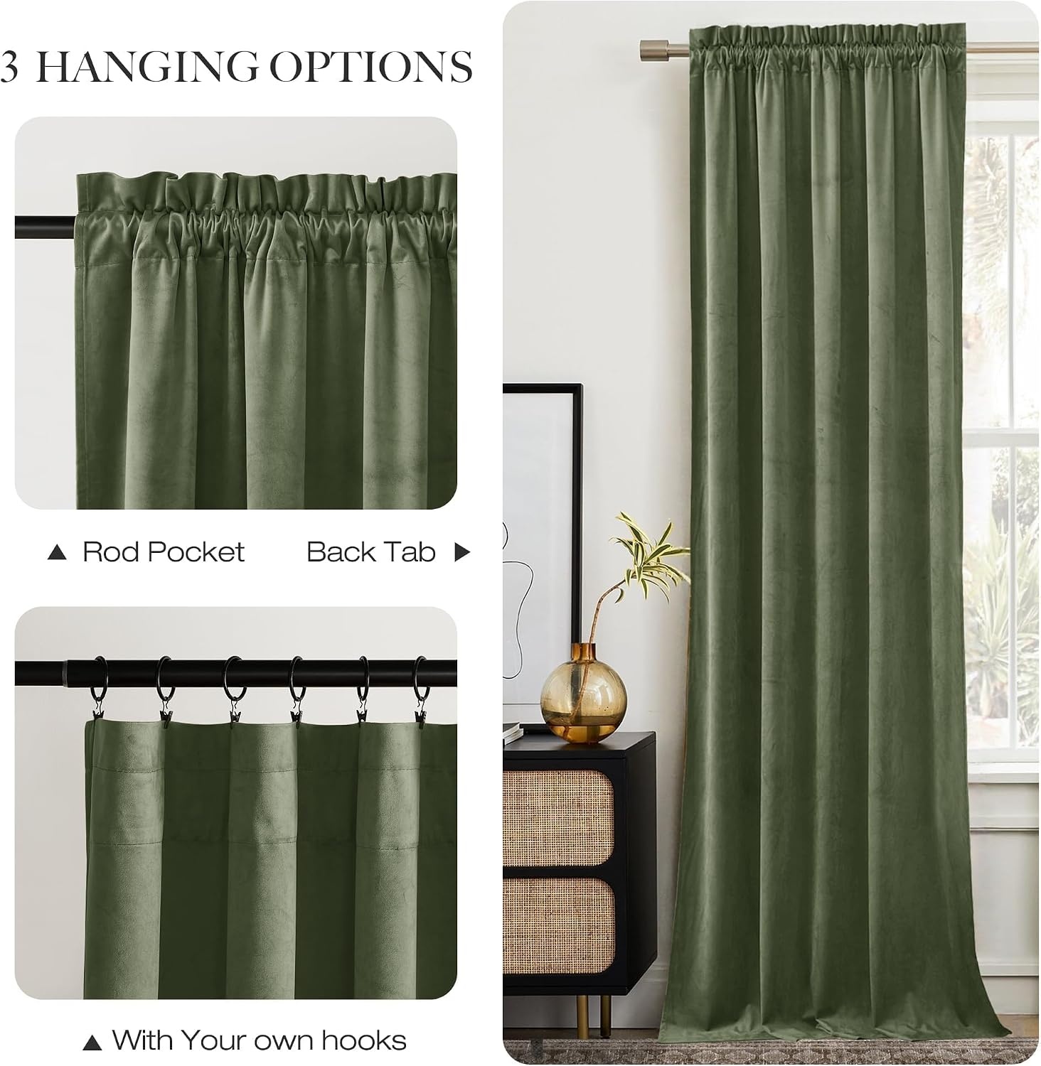image:imageNICETOWN Black Velvet Blackout Curtains 96 inch Long 2 PanelsGreen Series Sage Green