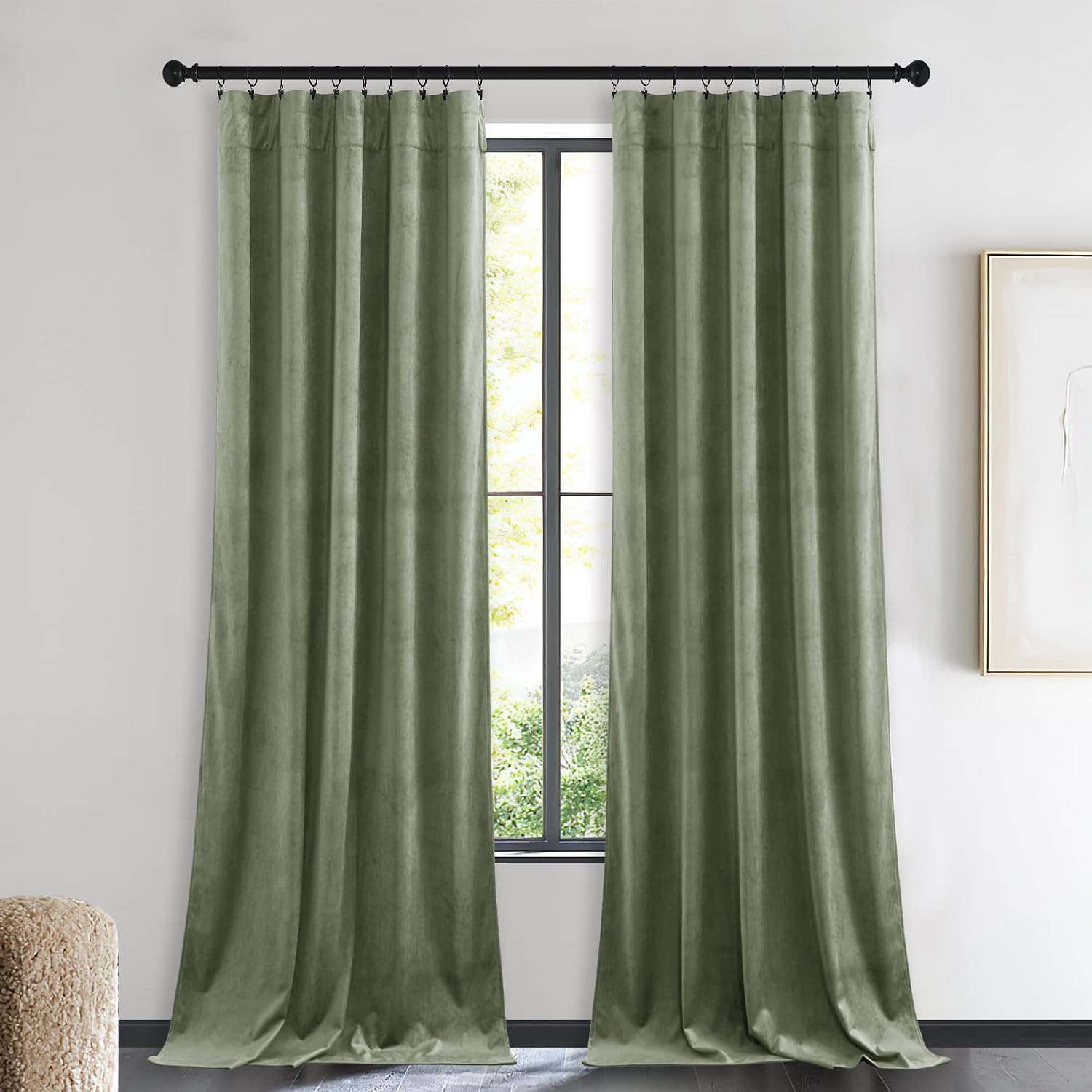 image:imageNICETOWN Black Velvet Blackout Curtains 96 inch Long 2 PanelsGreen Series Sage Green
