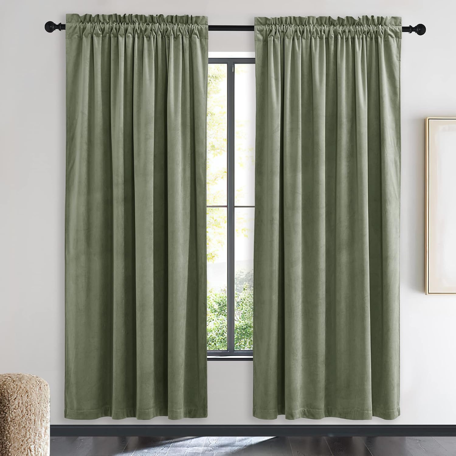 image:imageNICETOWN Black Velvet Blackout Curtains 96 inch Long 2 PanelsGreen Series Sage Green