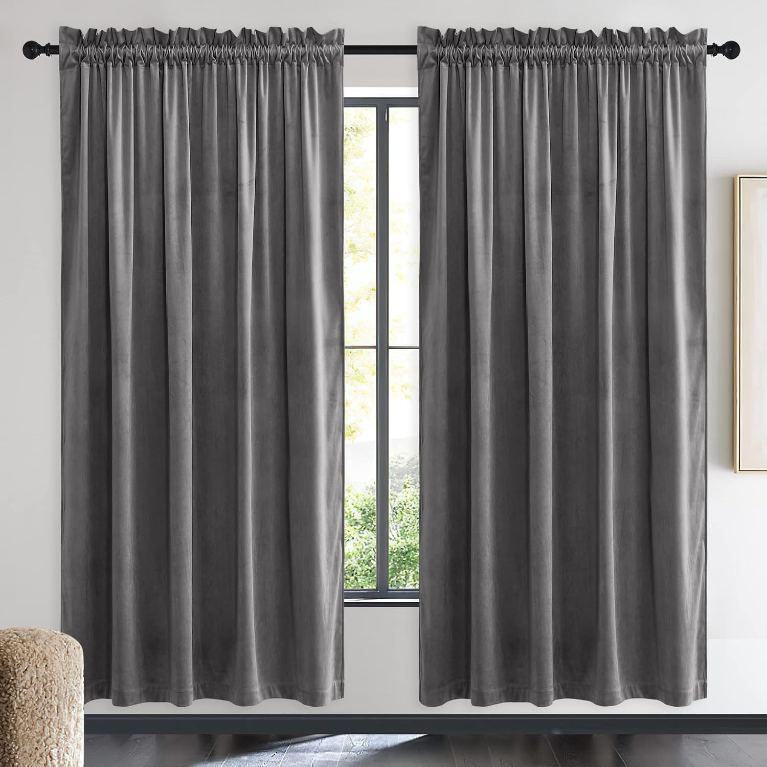 image:imageNICETOWN Black Velvet Blackout Curtains 96 inch Long 2 PanelsGrey Series Grey