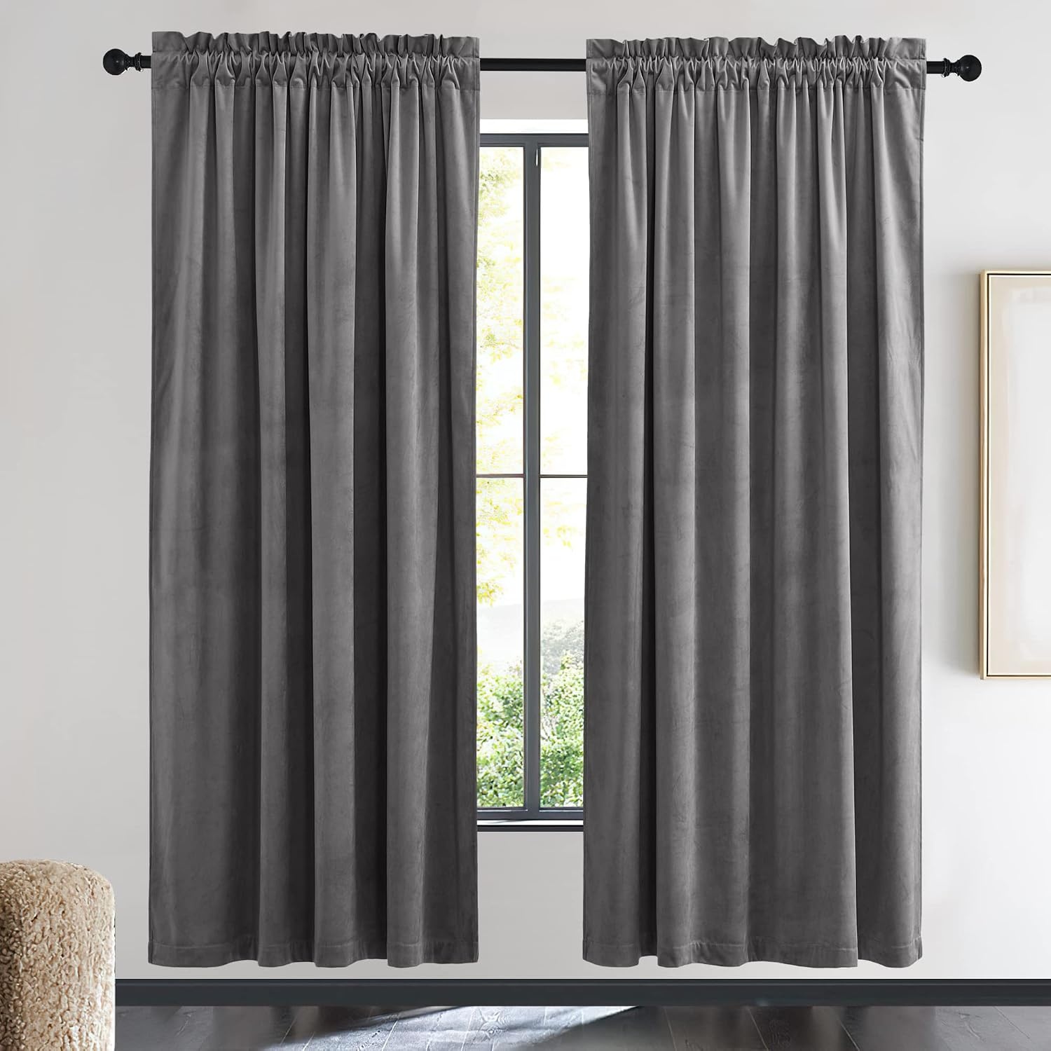 image:imageNICETOWN Black Velvet Blackout Curtains 96 inch Long 2 PanelsGrey Series Grey