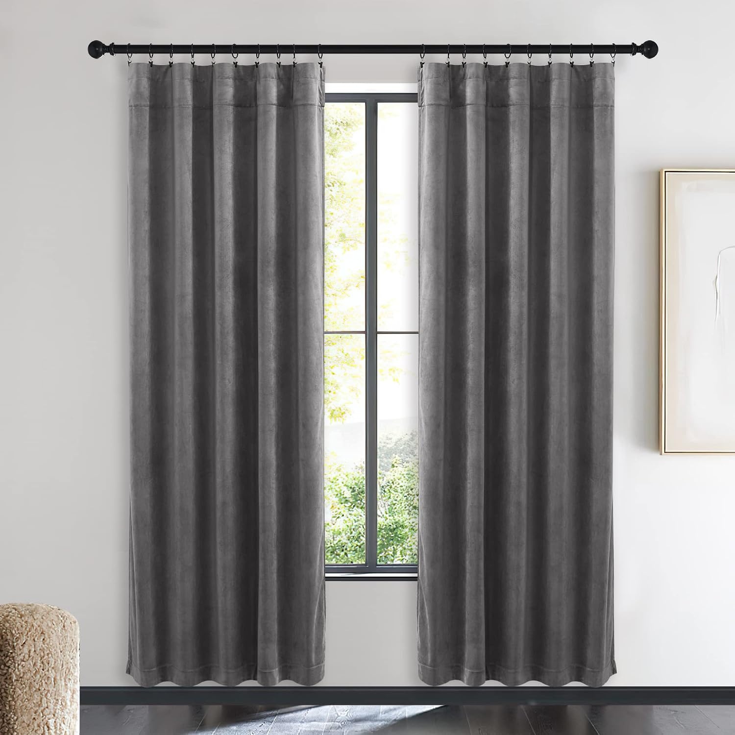 image:imageNICETOWN Black Velvet Blackout Curtains 96 inch Long 2 PanelsGrey Series Grey
