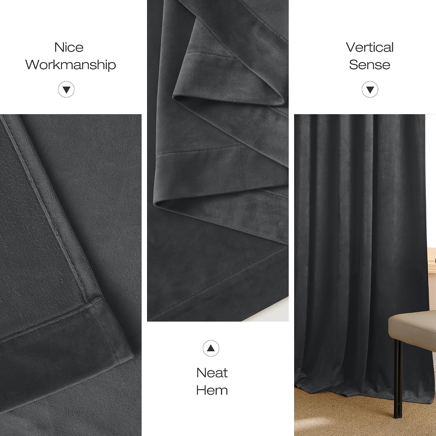 image:imageNICETOWN Black Velvet Blackout Curtains 96 inch Long 2 PanelsGrey Series Grey