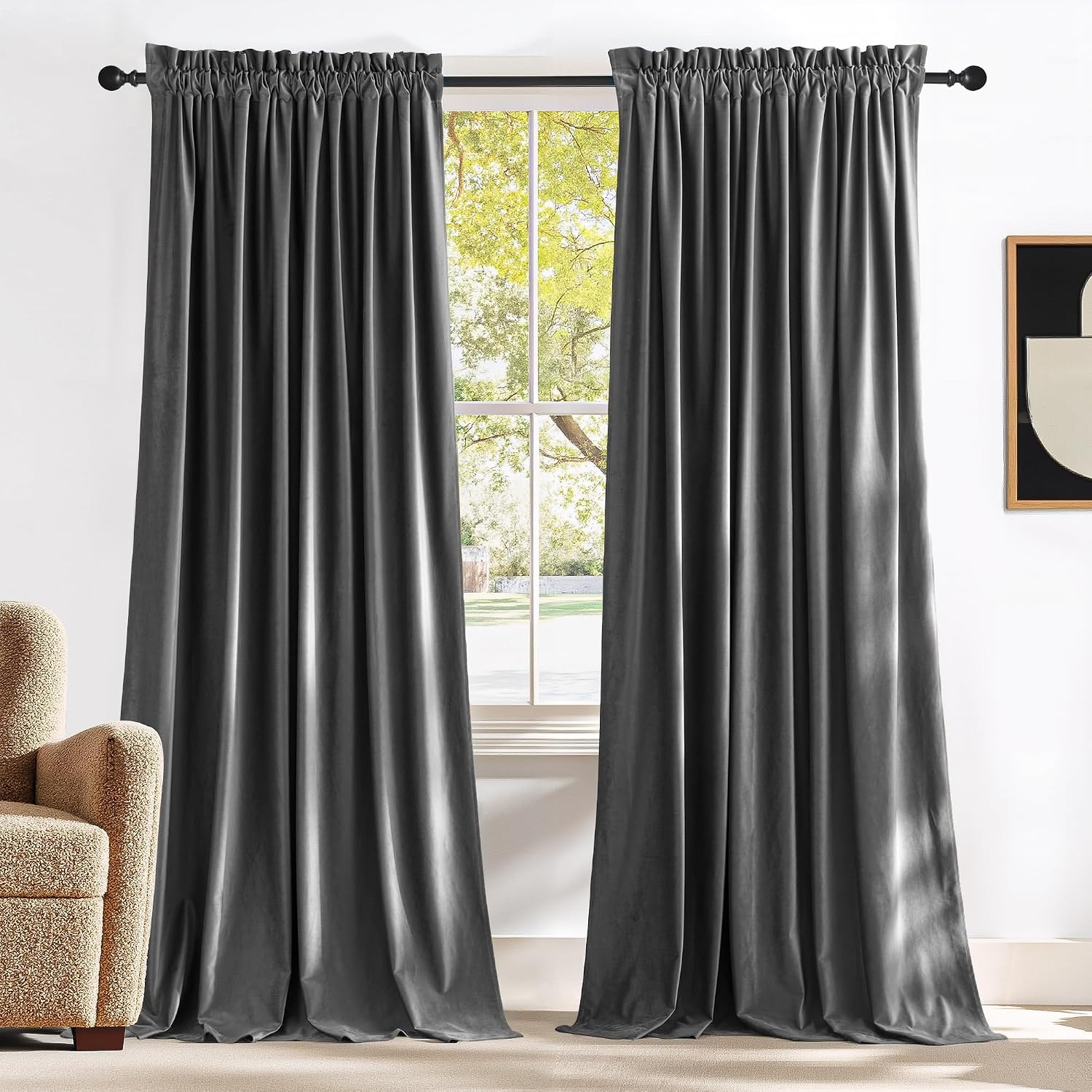 image:imageNICETOWN Black Velvet Blackout Curtains 96 inch Long 2 PanelsGrey Series Grey