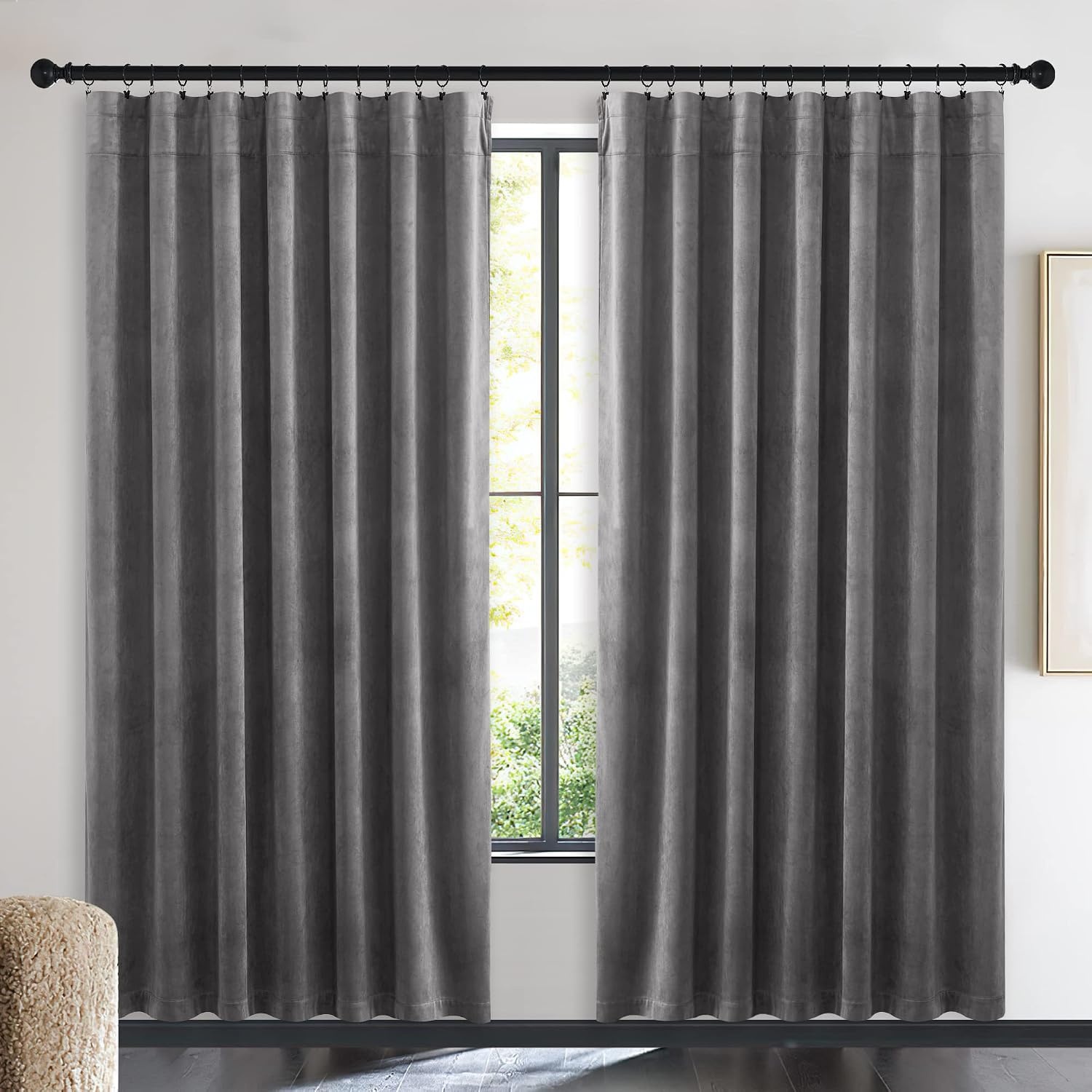 image:imageNICETOWN Black Velvet Blackout Curtains 96 inch Long 2 PanelsGrey Series Grey