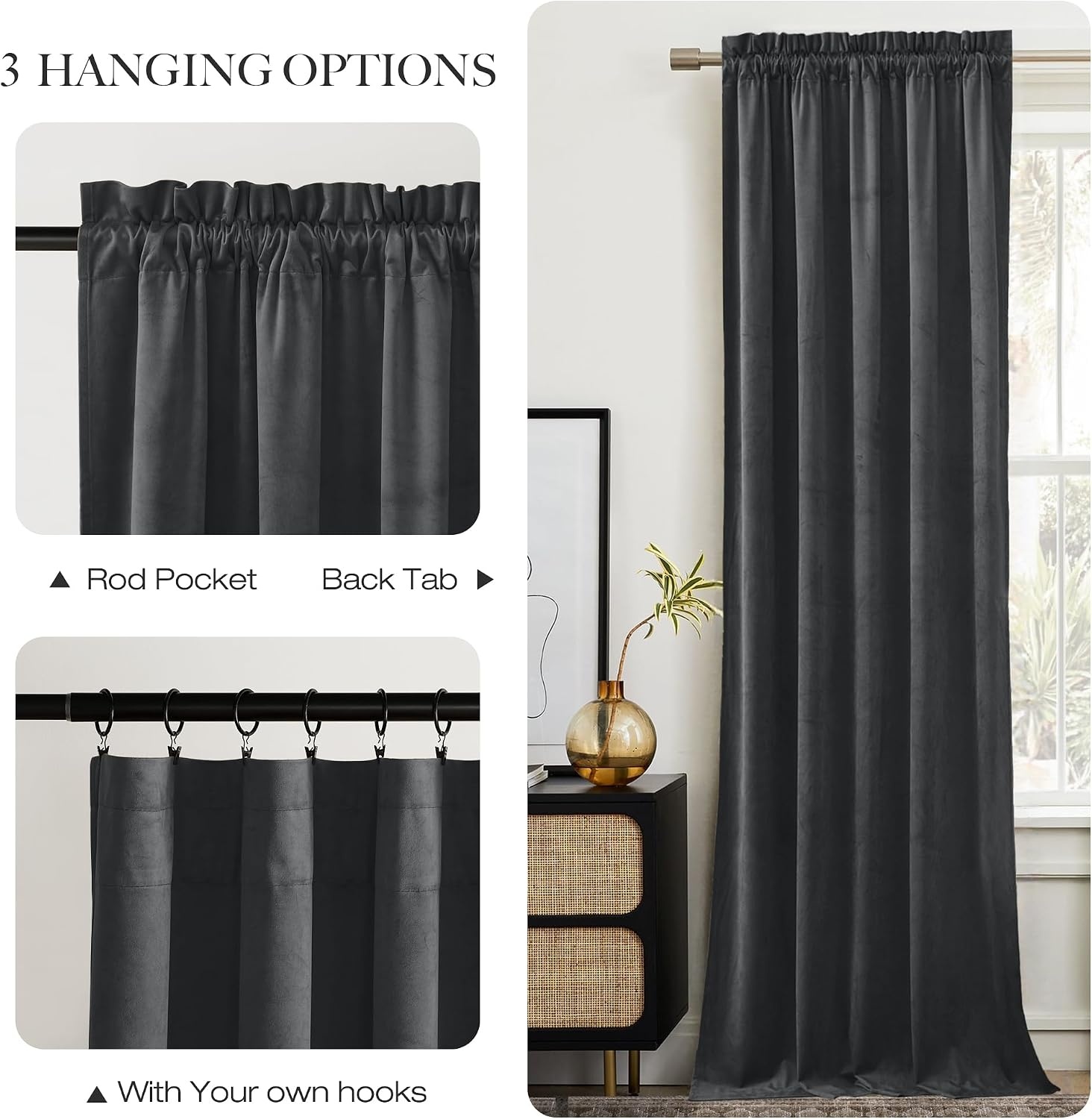 image:imageNICETOWN Black Velvet Blackout Curtains 96 inch Long 2 PanelsGrey Series Grey