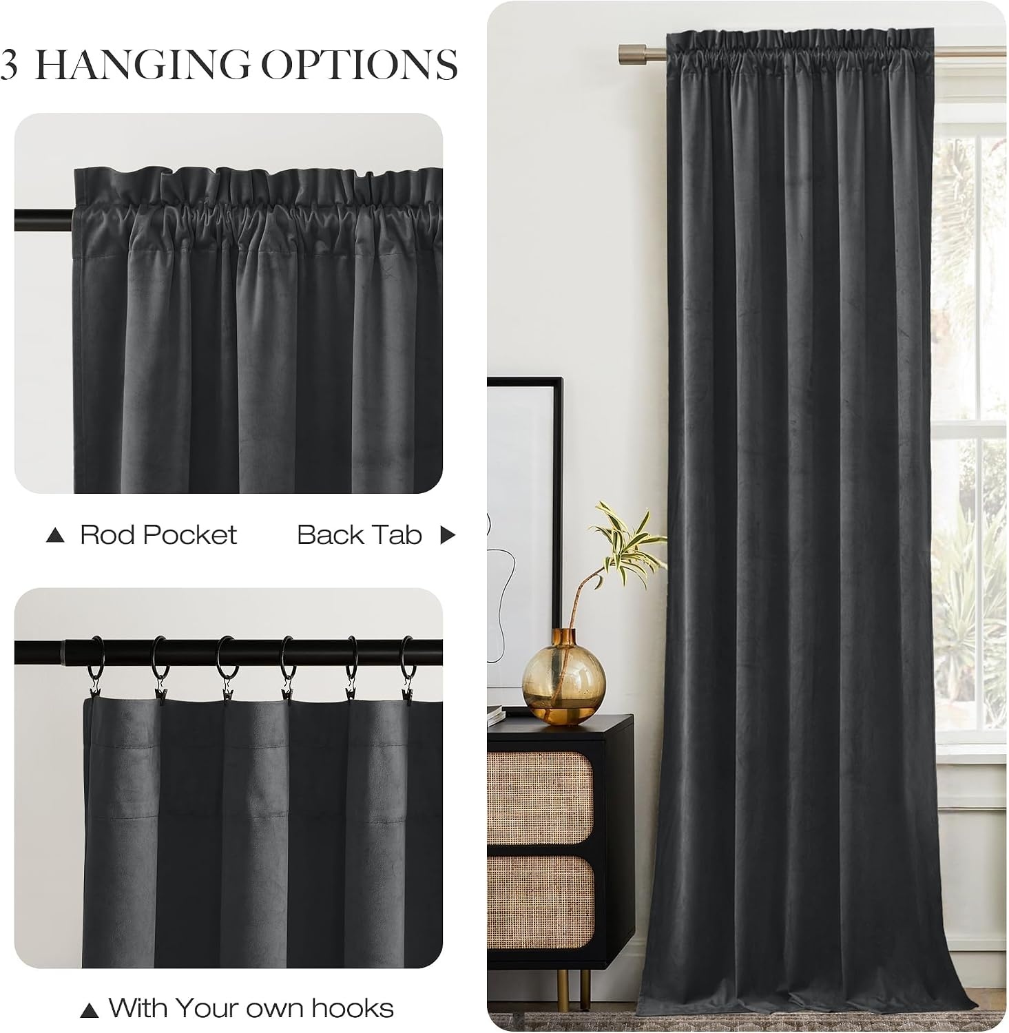image:imageNICETOWN Black Velvet Blackout Curtains 96 inch Long 2 PanelsGrey Series Grey