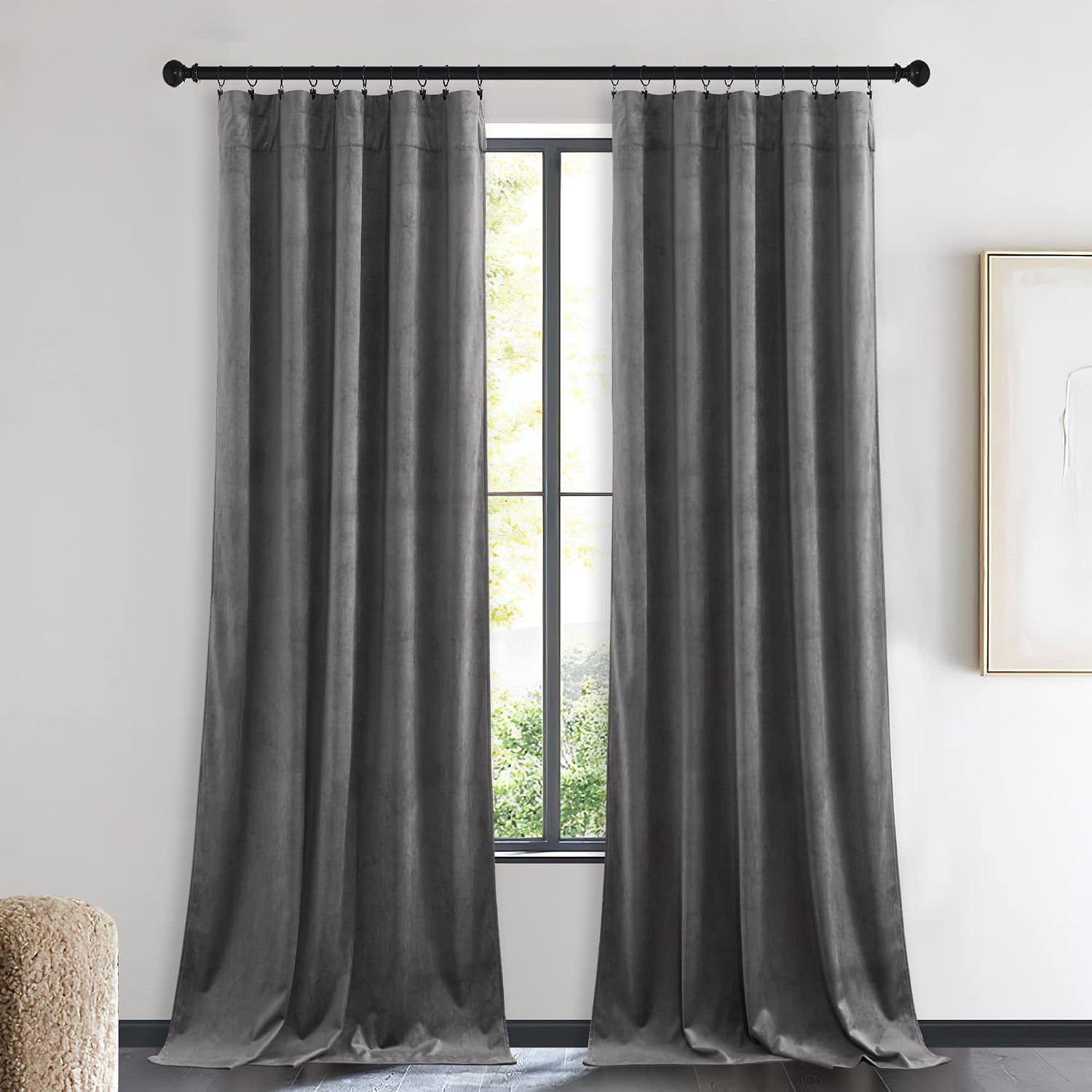image:imageNICETOWN Black Velvet Blackout Curtains 96 inch Long 2 PanelsGrey Series Grey
