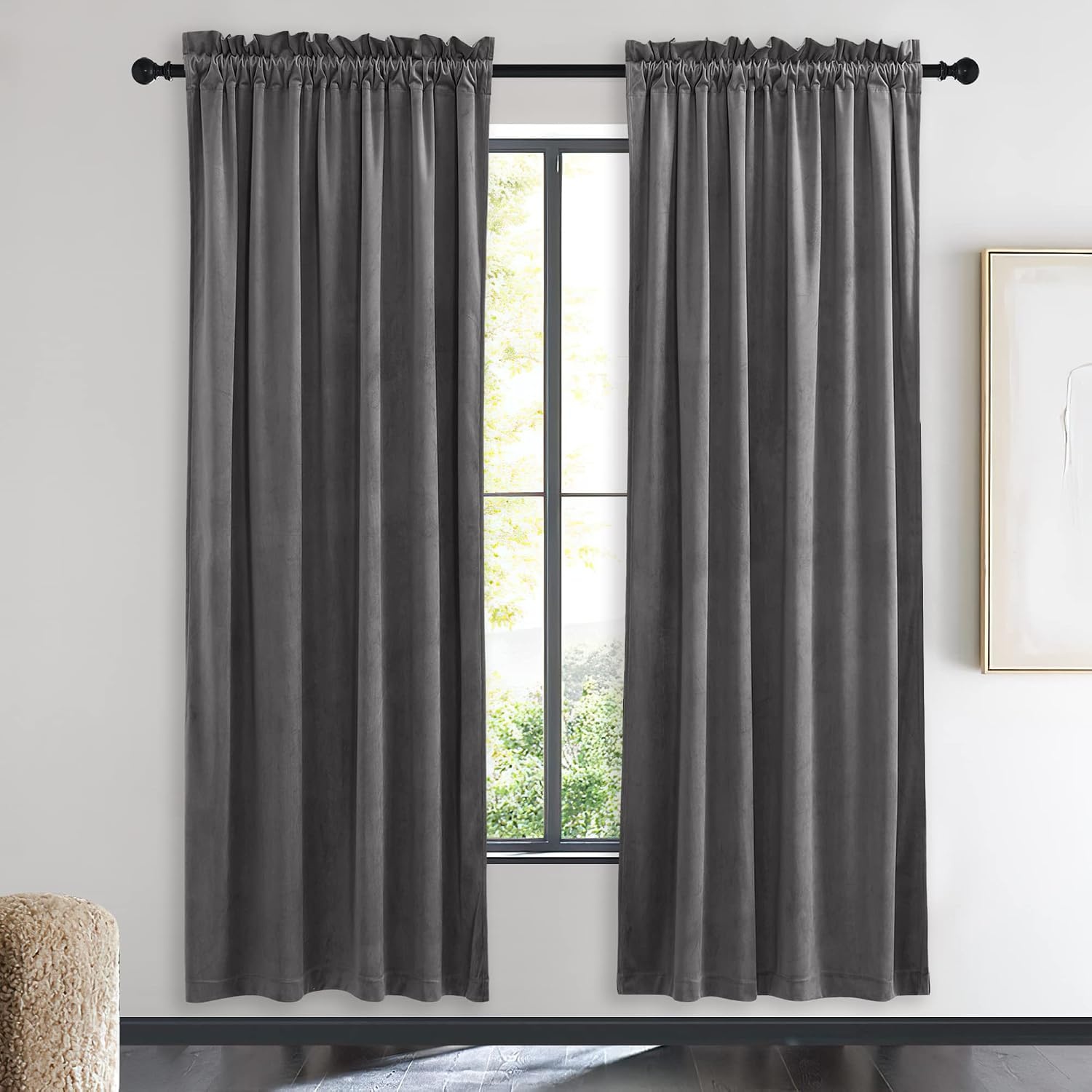 image:imageNICETOWN Black Velvet Blackout Curtains 96 inch Long 2 PanelsGrey Series Grey