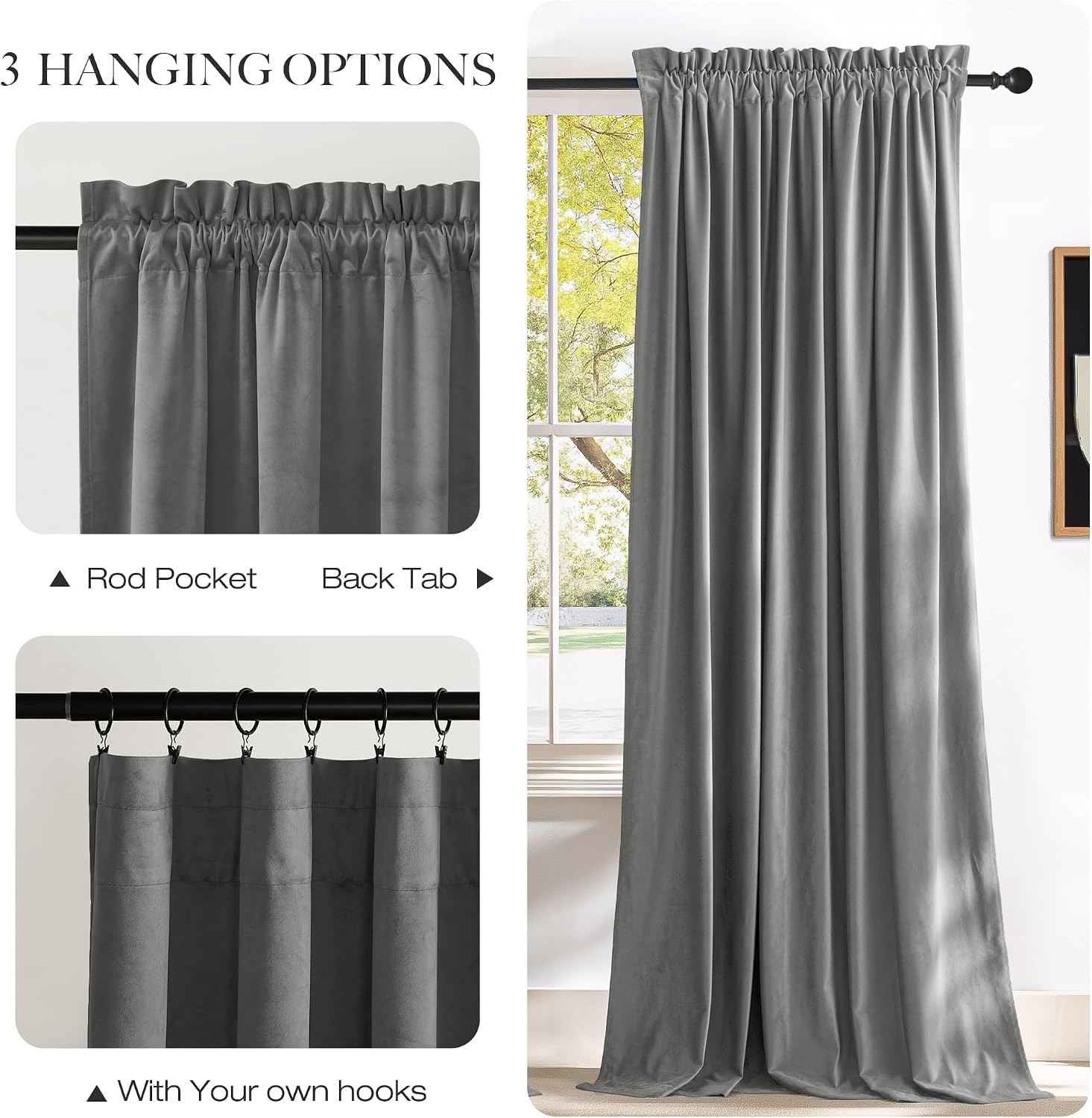 image:imageNICETOWN Black Velvet Blackout Curtains 96 inch Long 2 PanelsGrey Series Light Grey