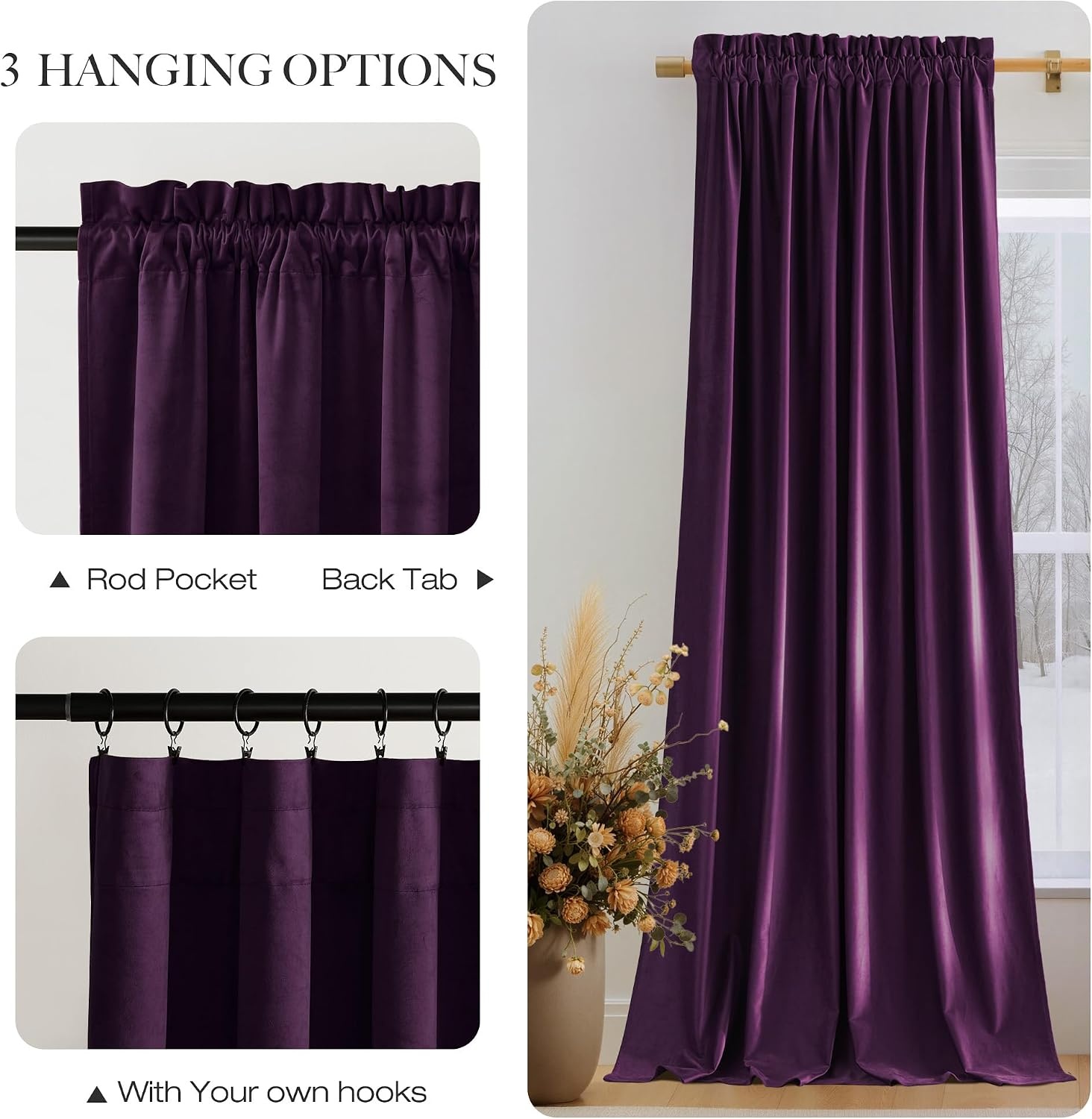 image:imageNICETOWN Black Velvet Blackout Curtains 96 inch Long 2 PanelsPurple Series Dark Purple