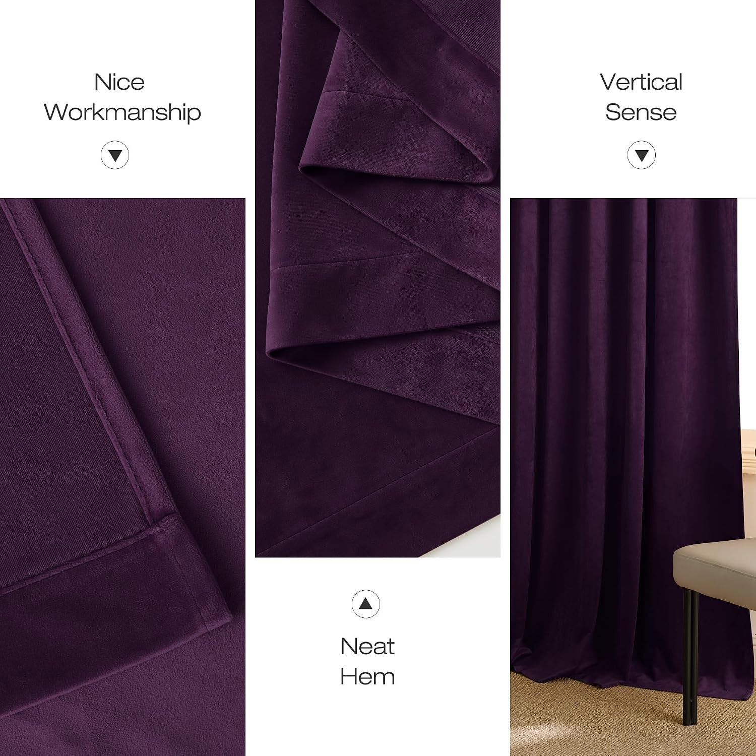 image:imageNICETOWN Black Velvet Blackout Curtains 96 inch Long 2 PanelsPurple Series Dark Purple