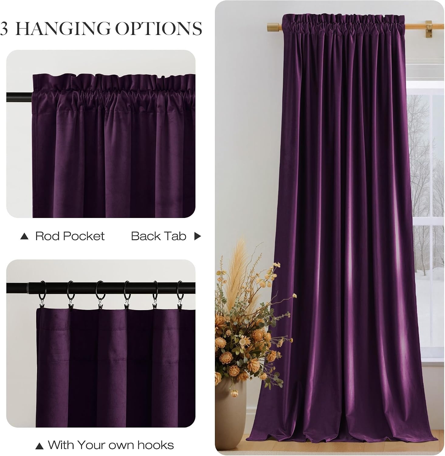 image:imageNICETOWN Black Velvet Blackout Curtains 96 inch Long 2 PanelsPurple Series Dark Purple