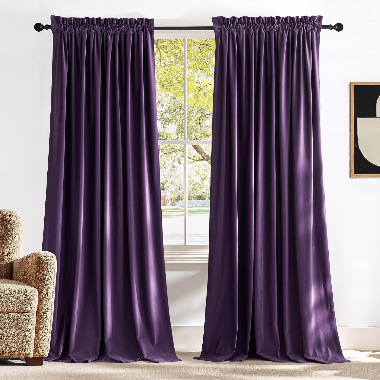 image:imageNICETOWN Black Velvet Blackout Curtains 96 inch Long 2 PanelsPurple Series Purple