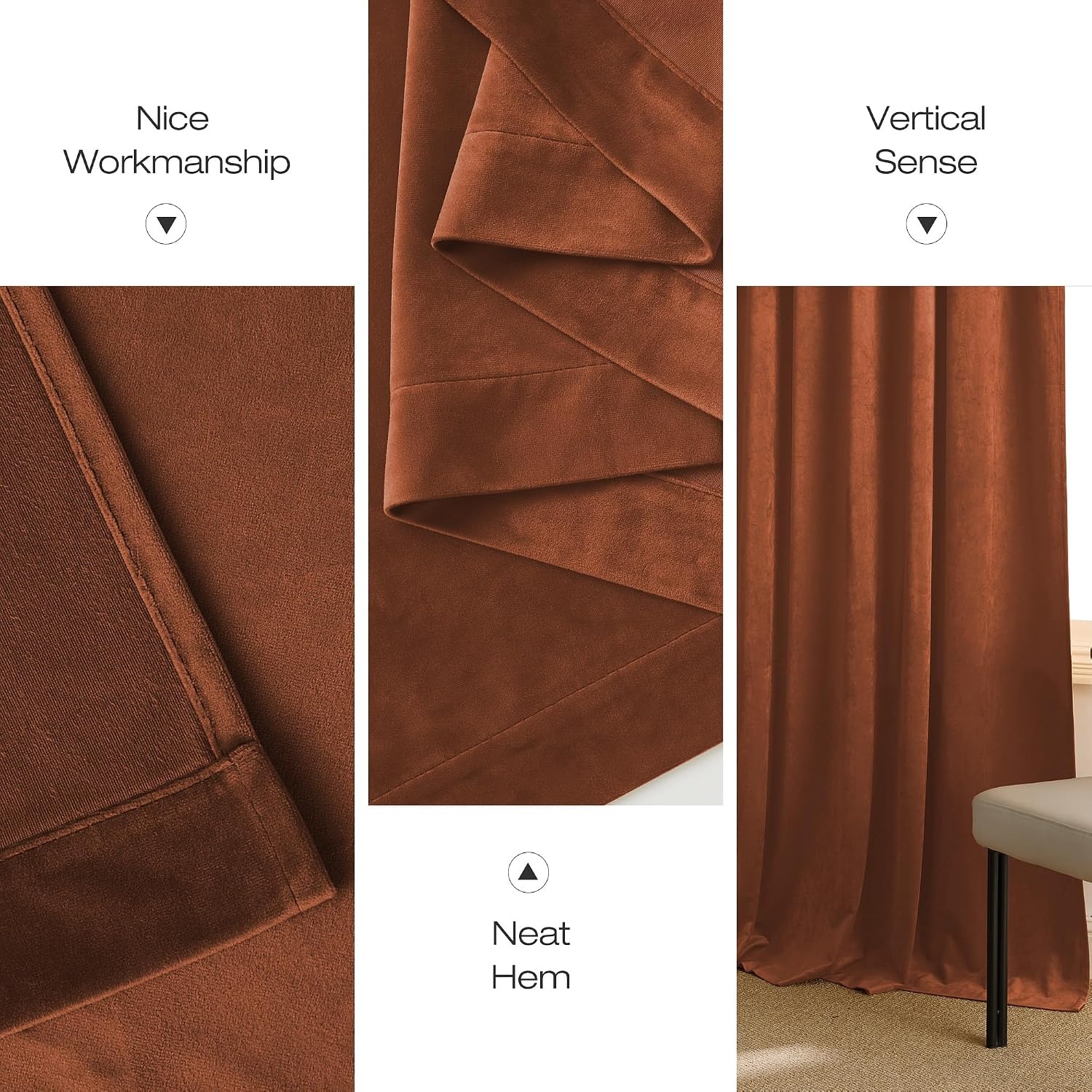 image:imageNICETOWN Black Velvet Blackout Curtains 96 inch Long 2 PanelsRed Series Burnt Orange