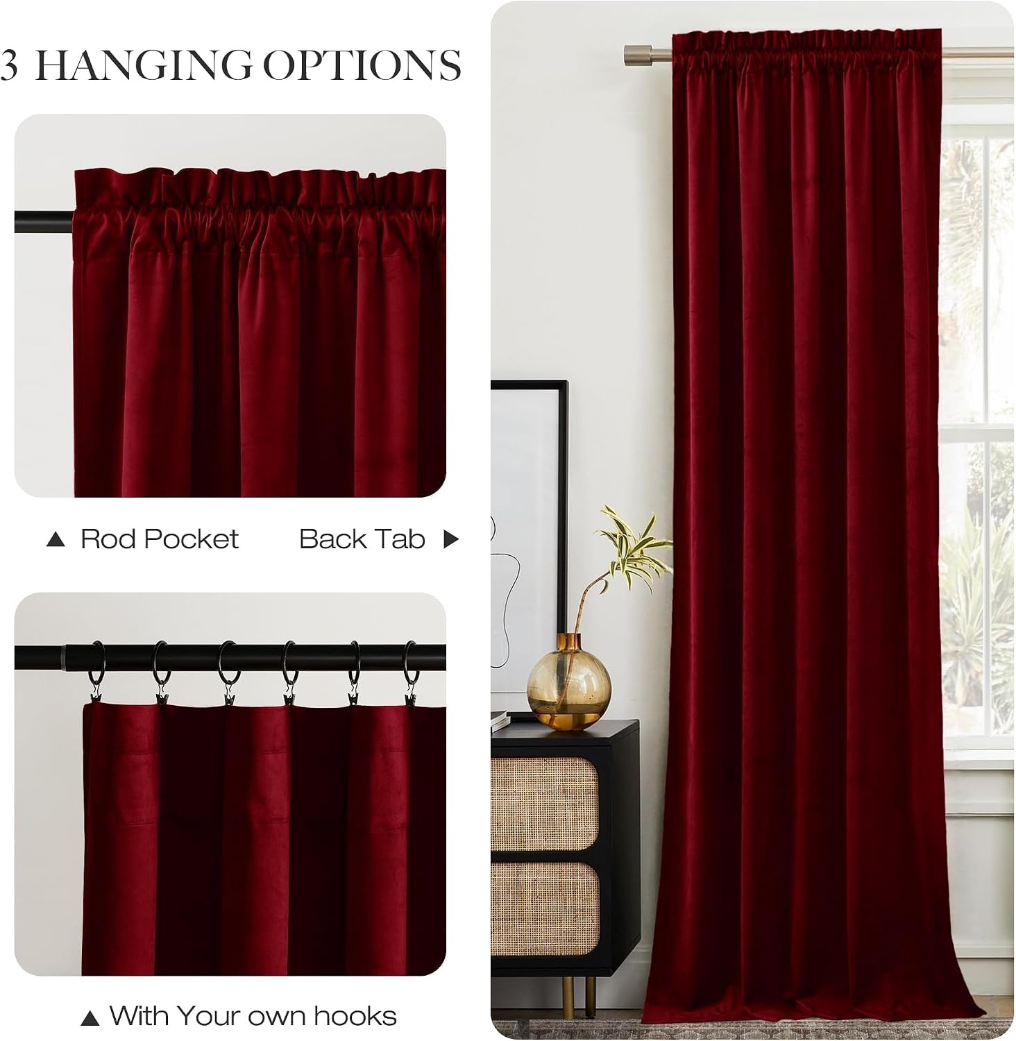 image:imageNICETOWN Black Velvet Blackout Curtains 96 inch Long 2 PanelsRed Series Red