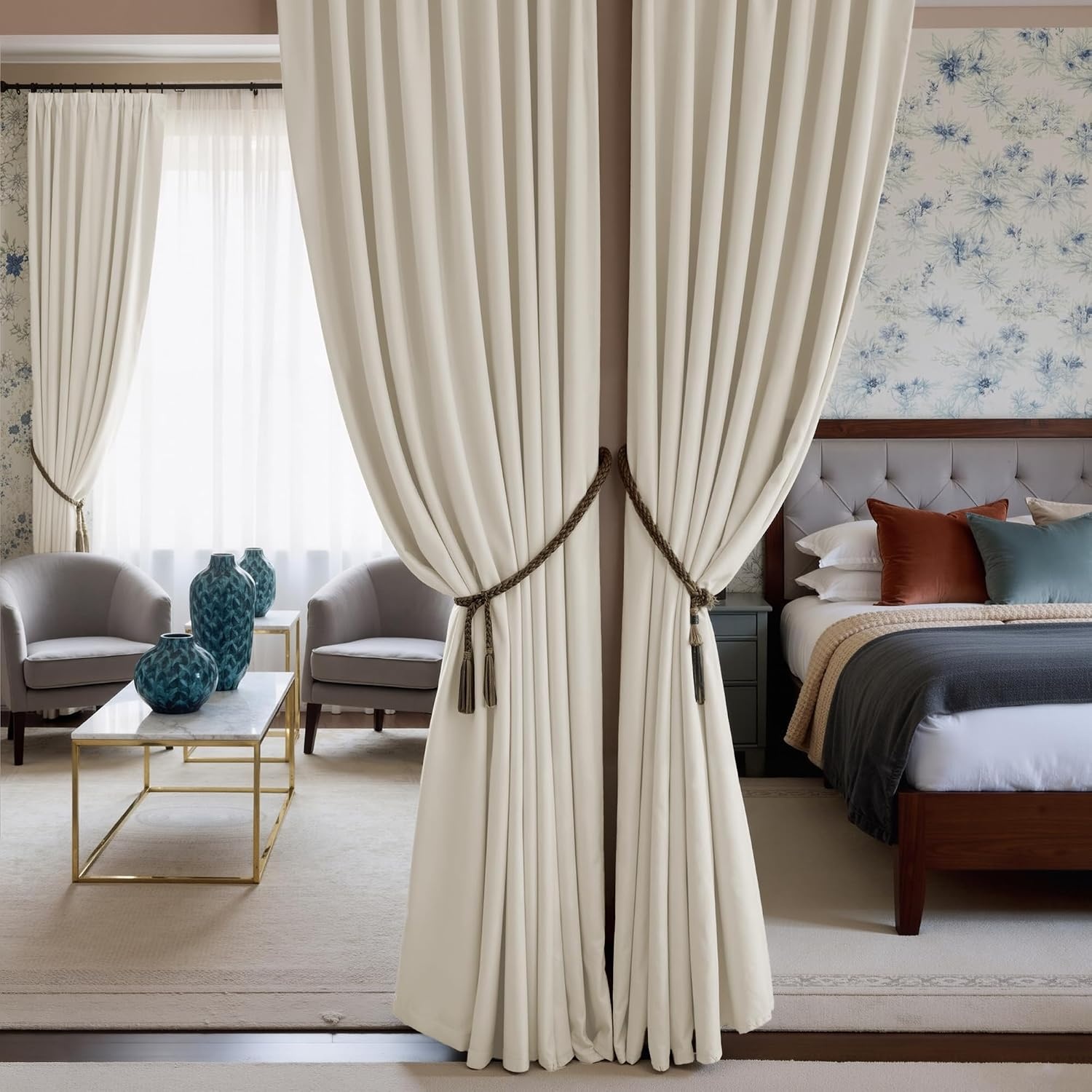 image:imageNICETOWN Black Velvet Blackout Curtains 96 inch Long 2 PanelsWhite Series Ivory White