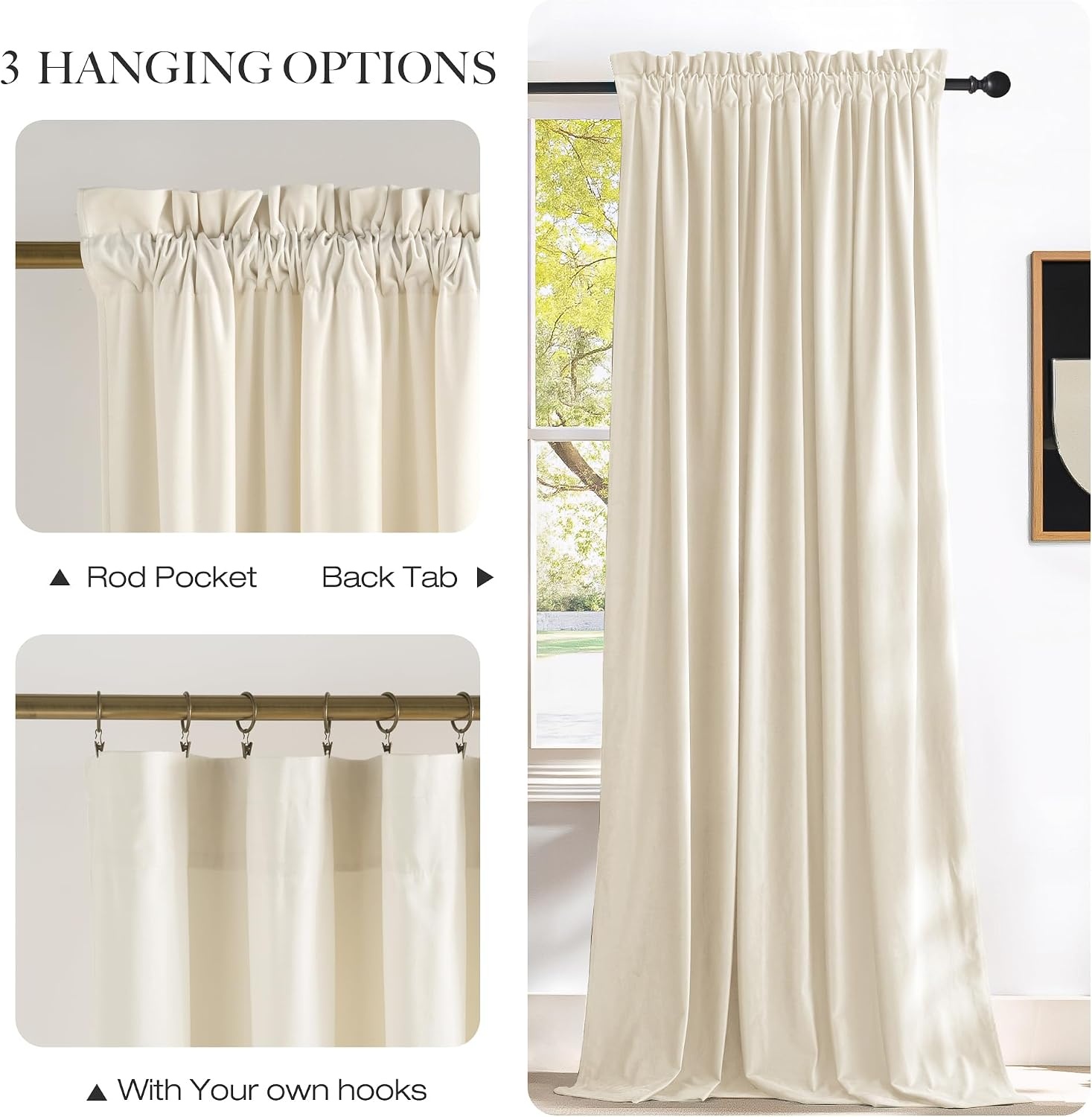image:imageNICETOWN Black Velvet Blackout Curtains 96 inch Long 2 PanelsWhite Series Ivory White