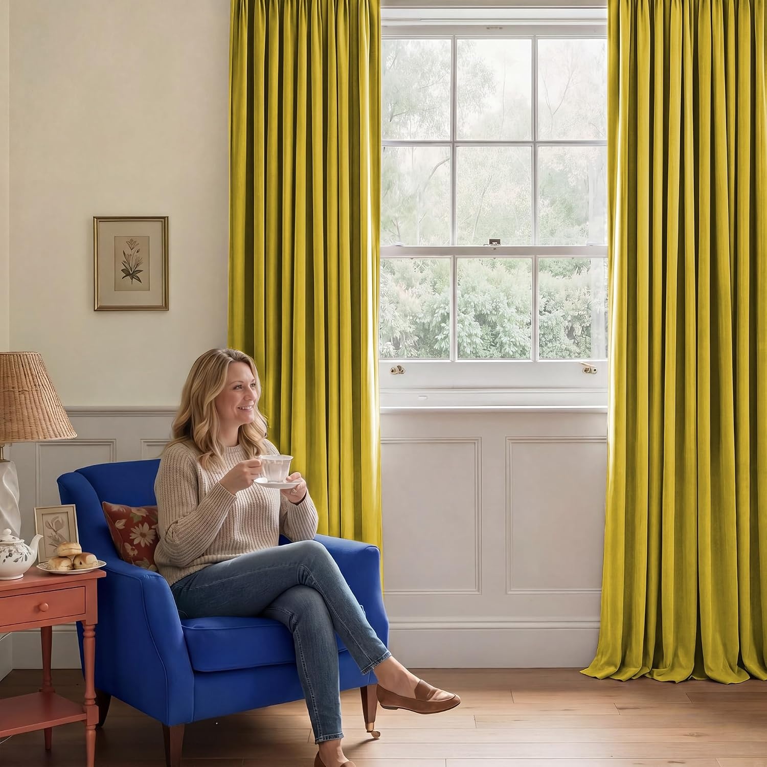 image:imageNICETOWN Black Velvet Blackout Curtains 96 inch Long 2 PanelsYellow Green Series Chartreuse Yellow