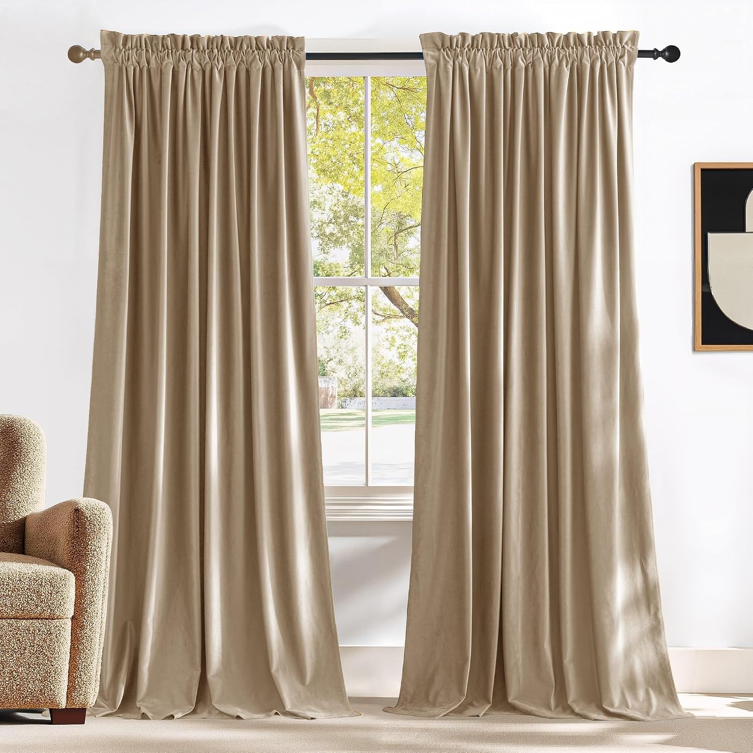 image:imageNICETOWN Black Velvet Blackout Curtains 96 inch Long 2 PanelsYellow Series Beige