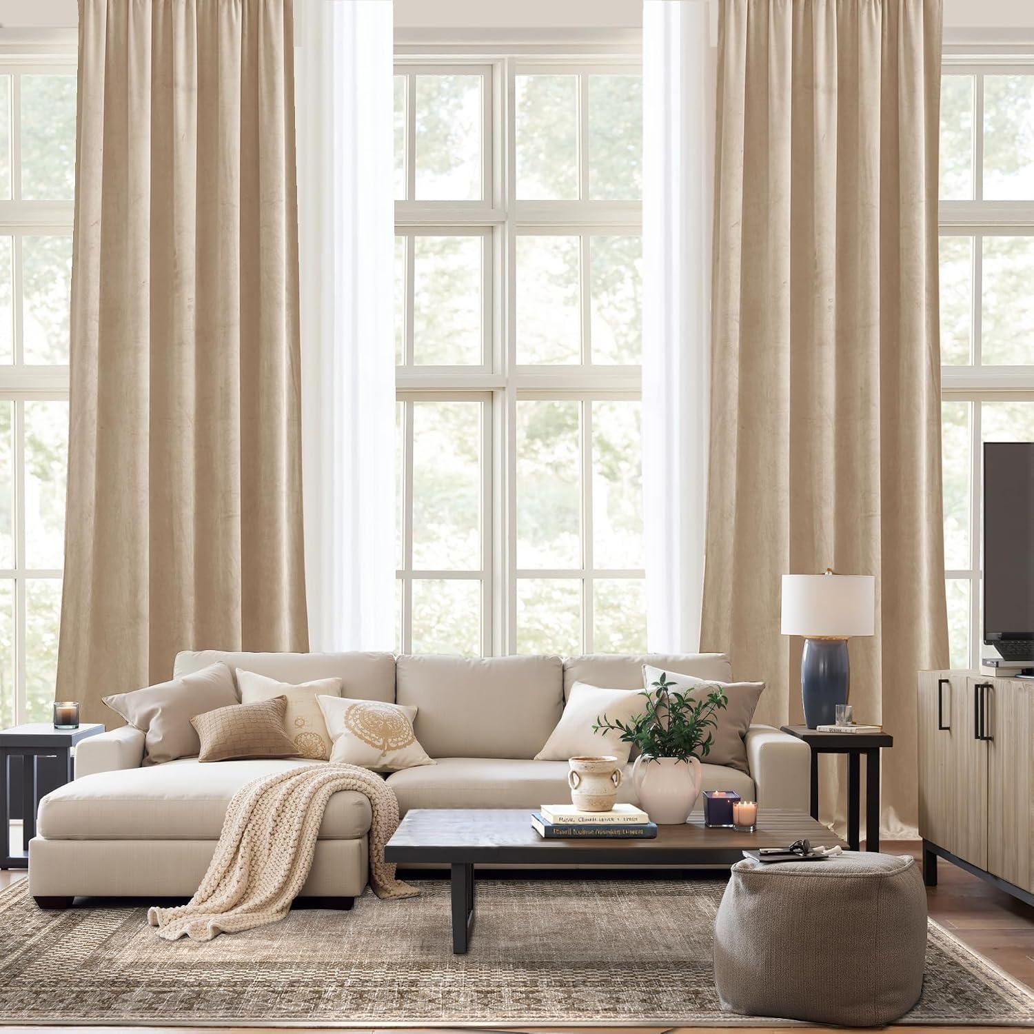 image:imageNICETOWN Black Velvet Blackout Curtains 96 inch Long 2 PanelsYellow Series Beige