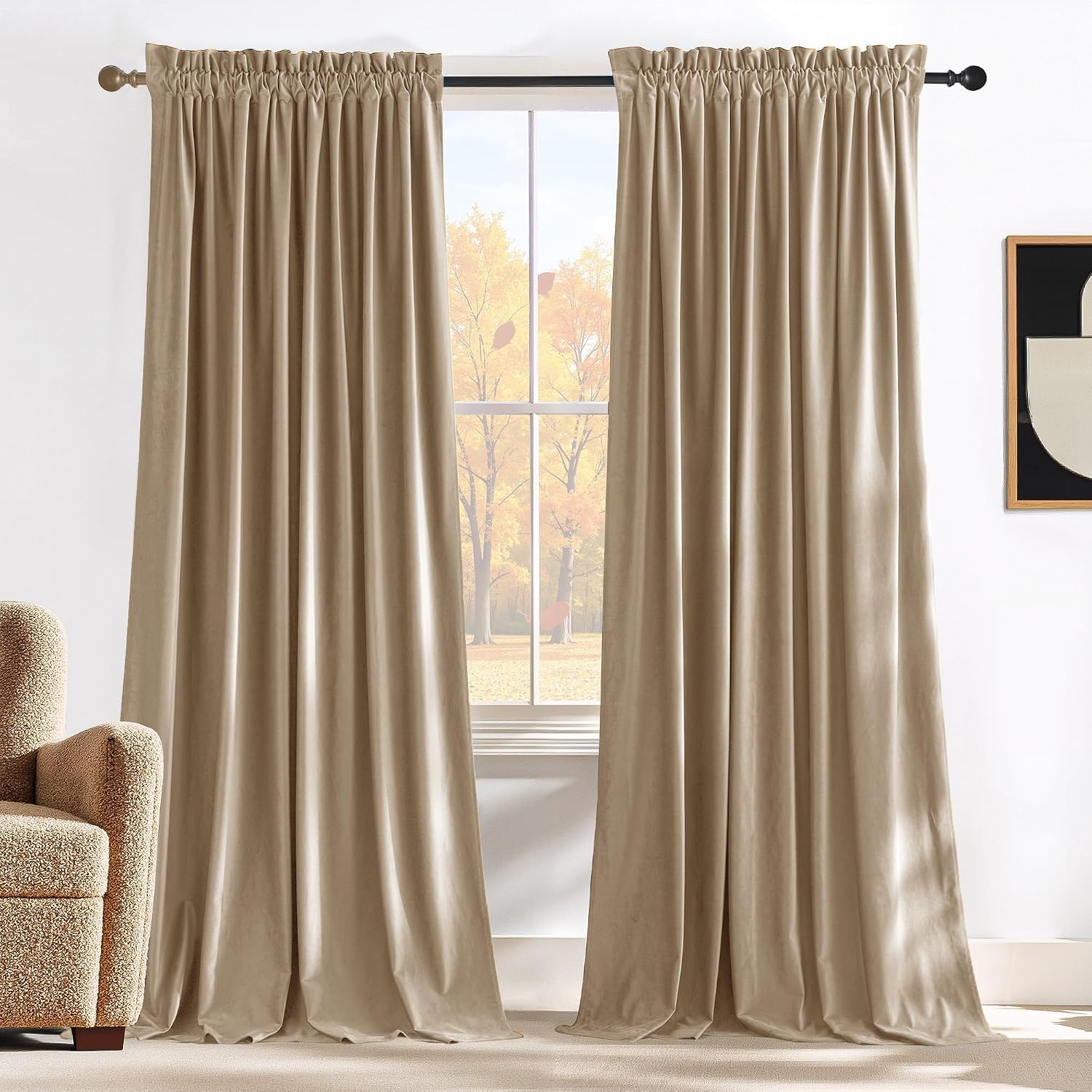 image:imageNICETOWN Black Velvet Blackout Curtains 96 inch Long 2 PanelsYellow Series Beige