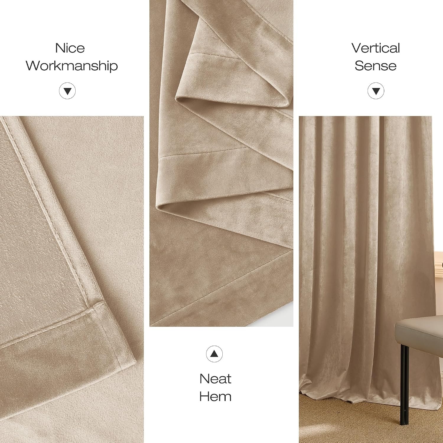 image:imageNICETOWN Black Velvet Blackout Curtains 96 inch Long 2 PanelsYellow Series Beige