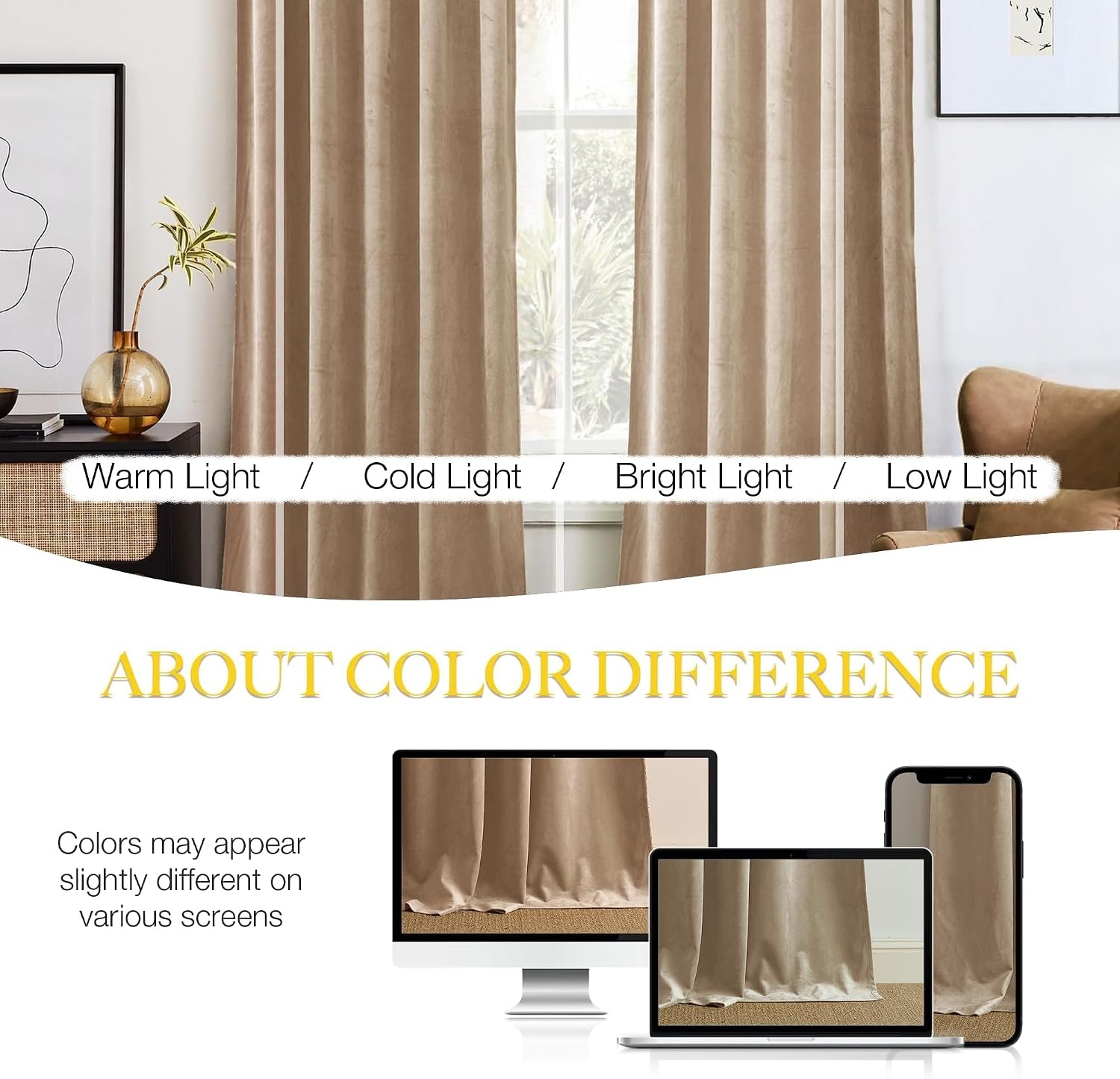 image:imageNICETOWN Black Velvet Blackout Curtains 96 inch Long 2 PanelsYellow Series Beige