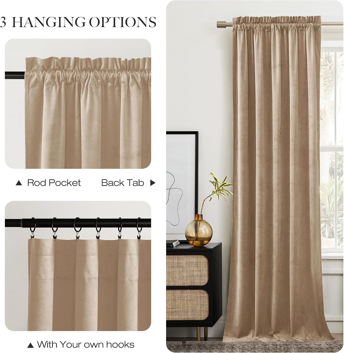 image:imageNICETOWN Black Velvet Blackout Curtains 96 inch Long 2 PanelsYellow Series Beige