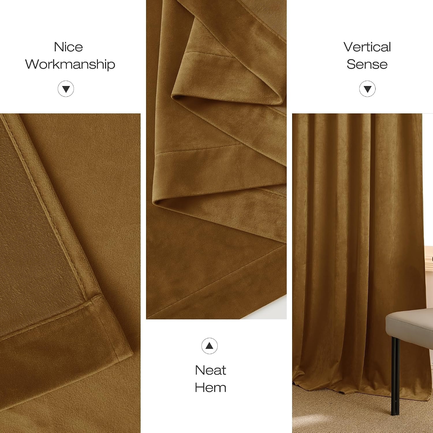 image:imageNICETOWN Black Velvet Blackout Curtains 96 inch Long 2 PanelsYellow Series Gold Brown