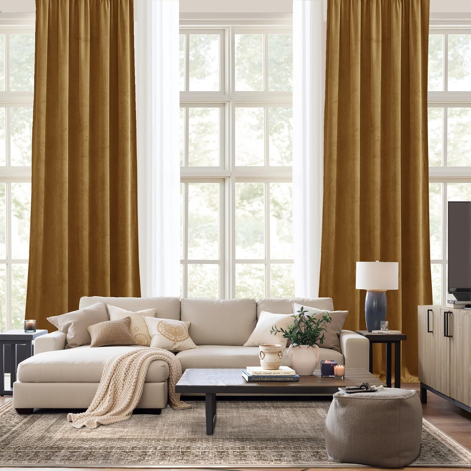 image:imageNICETOWN Black Velvet Blackout Curtains 96 inch Long 2 PanelsYellow Series Gold Brown