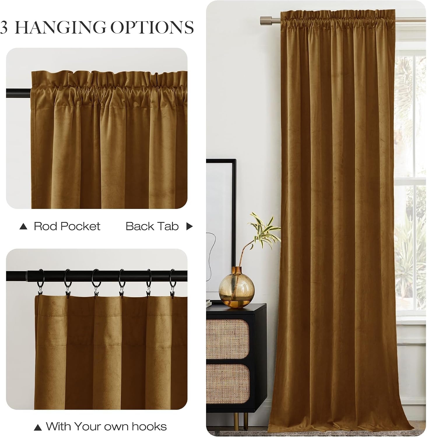image:imageNICETOWN Black Velvet Blackout Curtains 96 inch Long 2 PanelsYellow Series Gold Brown