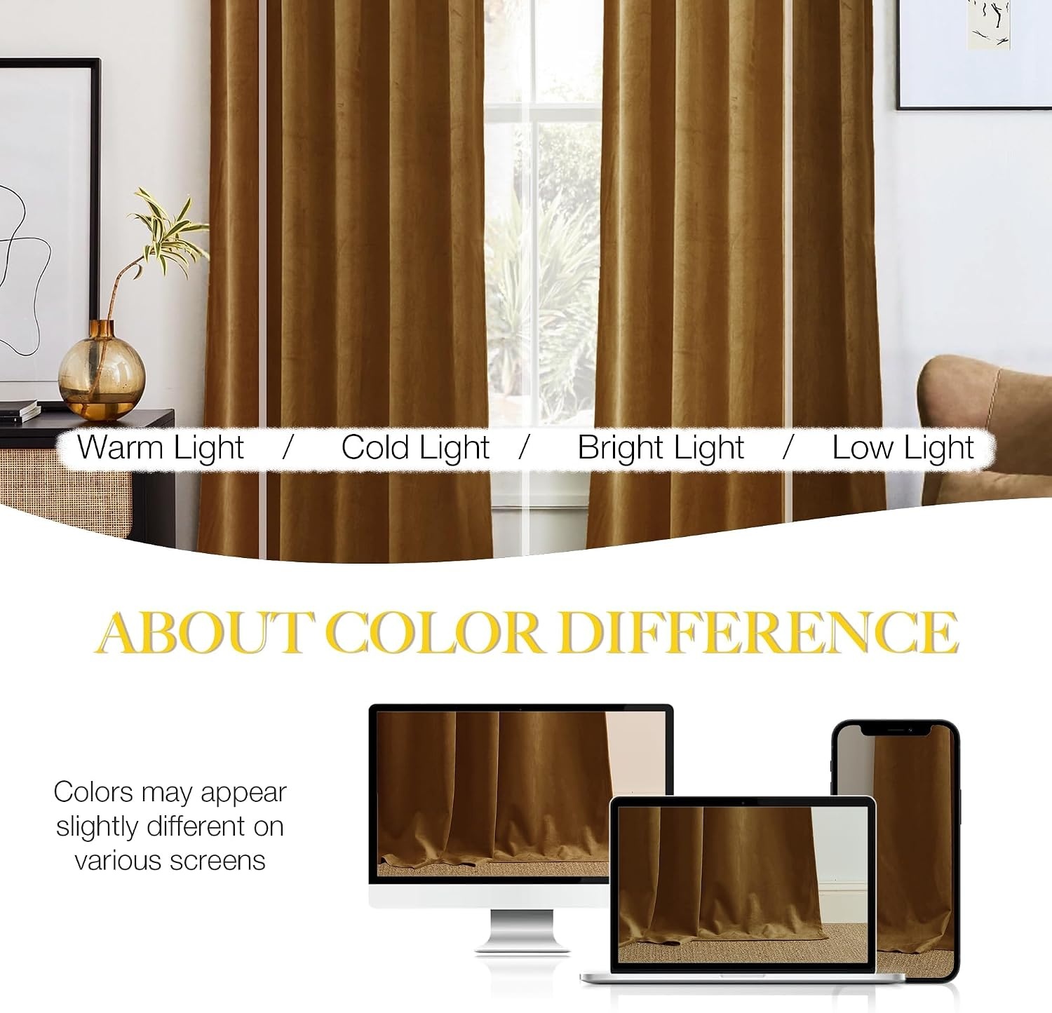image:imageNICETOWN Black Velvet Blackout Curtains 96 inch Long 2 PanelsYellow Series Gold Brown