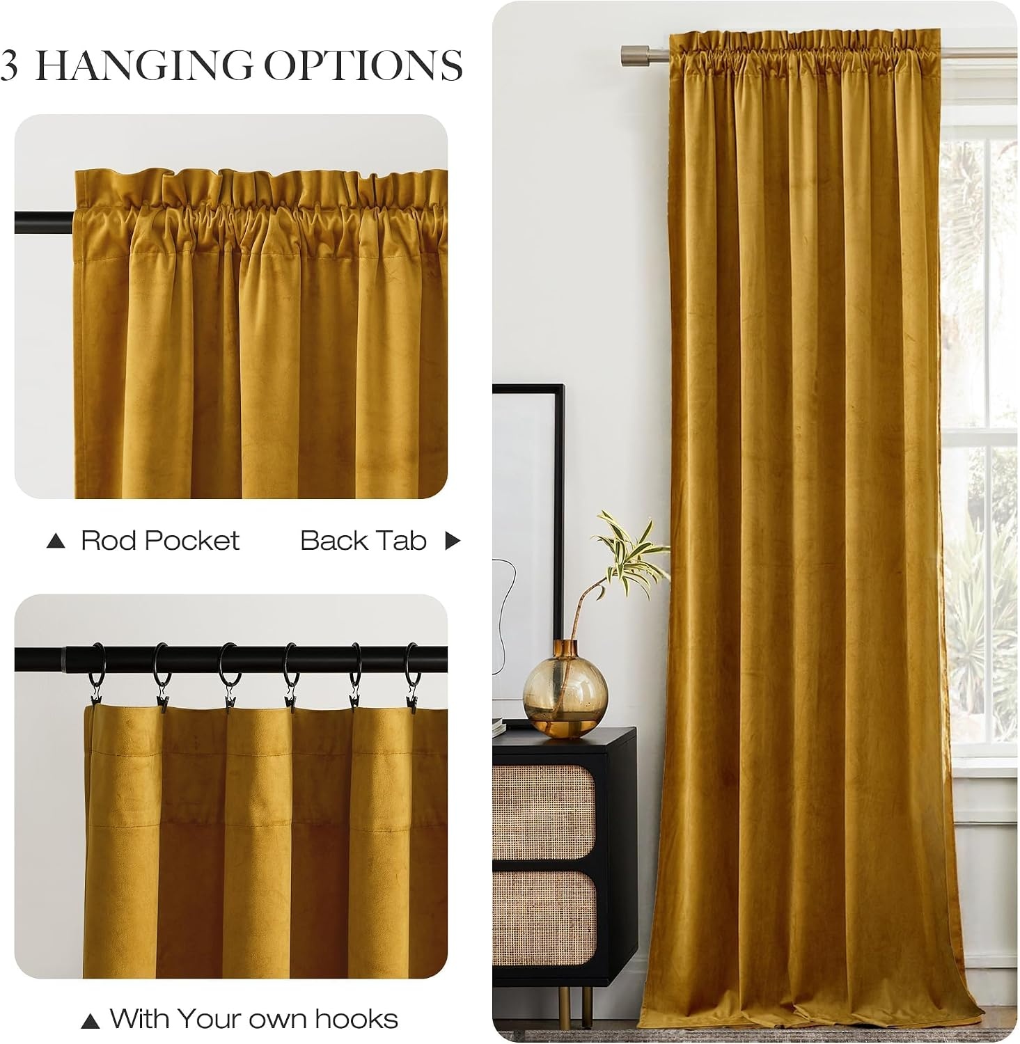 image:imageNICETOWN Black Velvet Blackout Curtains 96 inch Long 2 PanelsYellow Series Mustard Gold