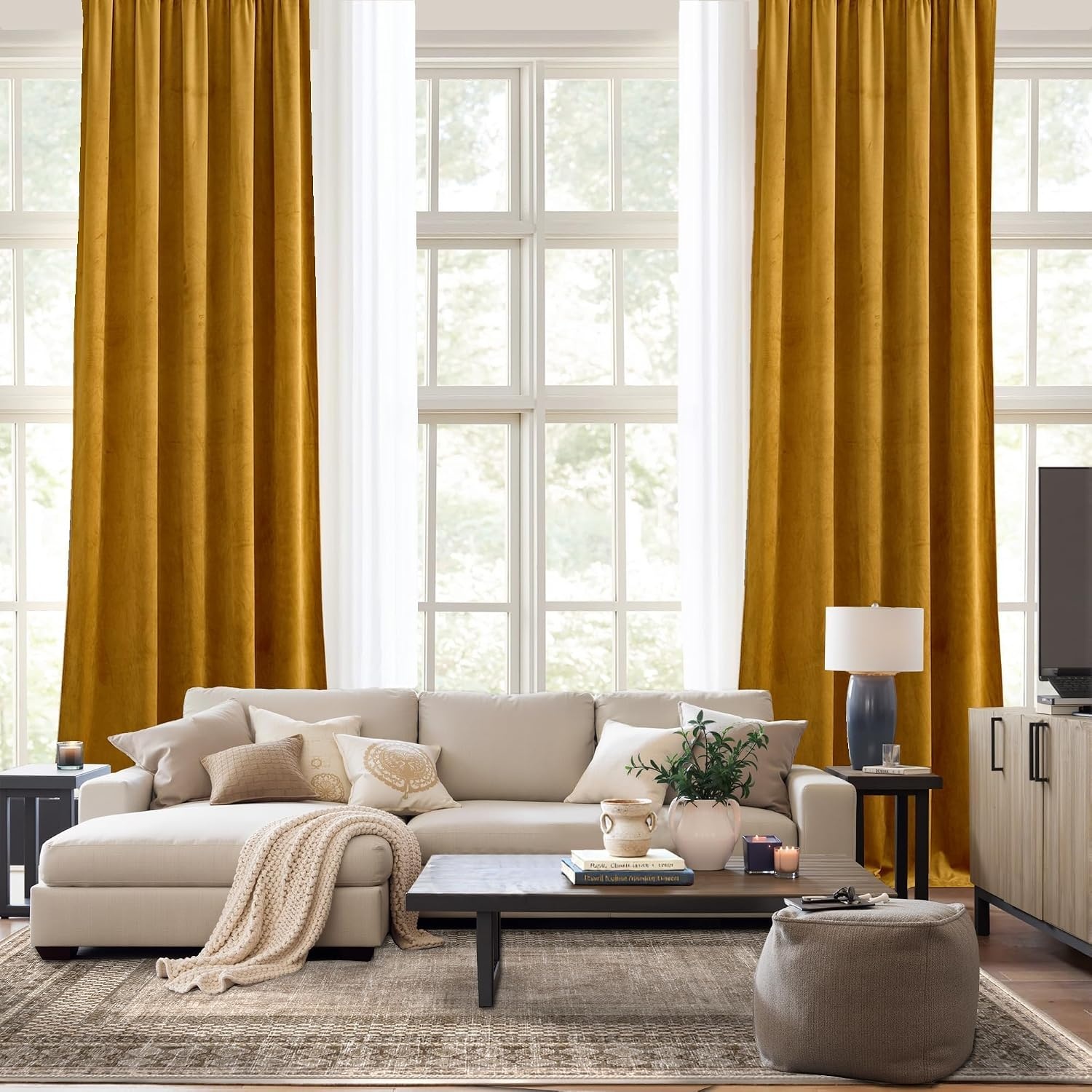 image:imageNICETOWN Black Velvet Blackout Curtains 96 inch Long 2 PanelsYellow Series Mustard Gold
