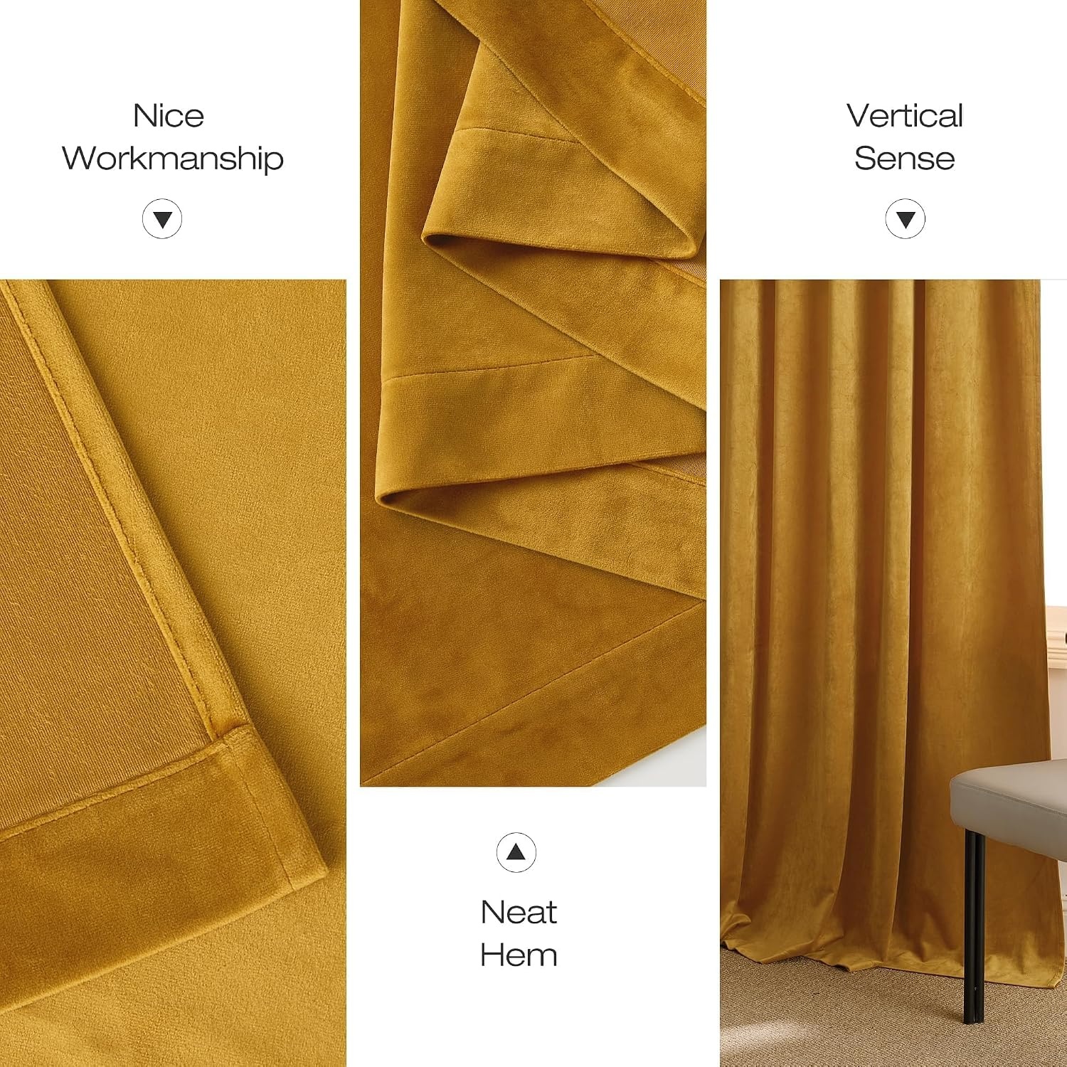 image:imageNICETOWN Black Velvet Blackout Curtains 96 inch Long 2 PanelsYellow Series Mustard Gold