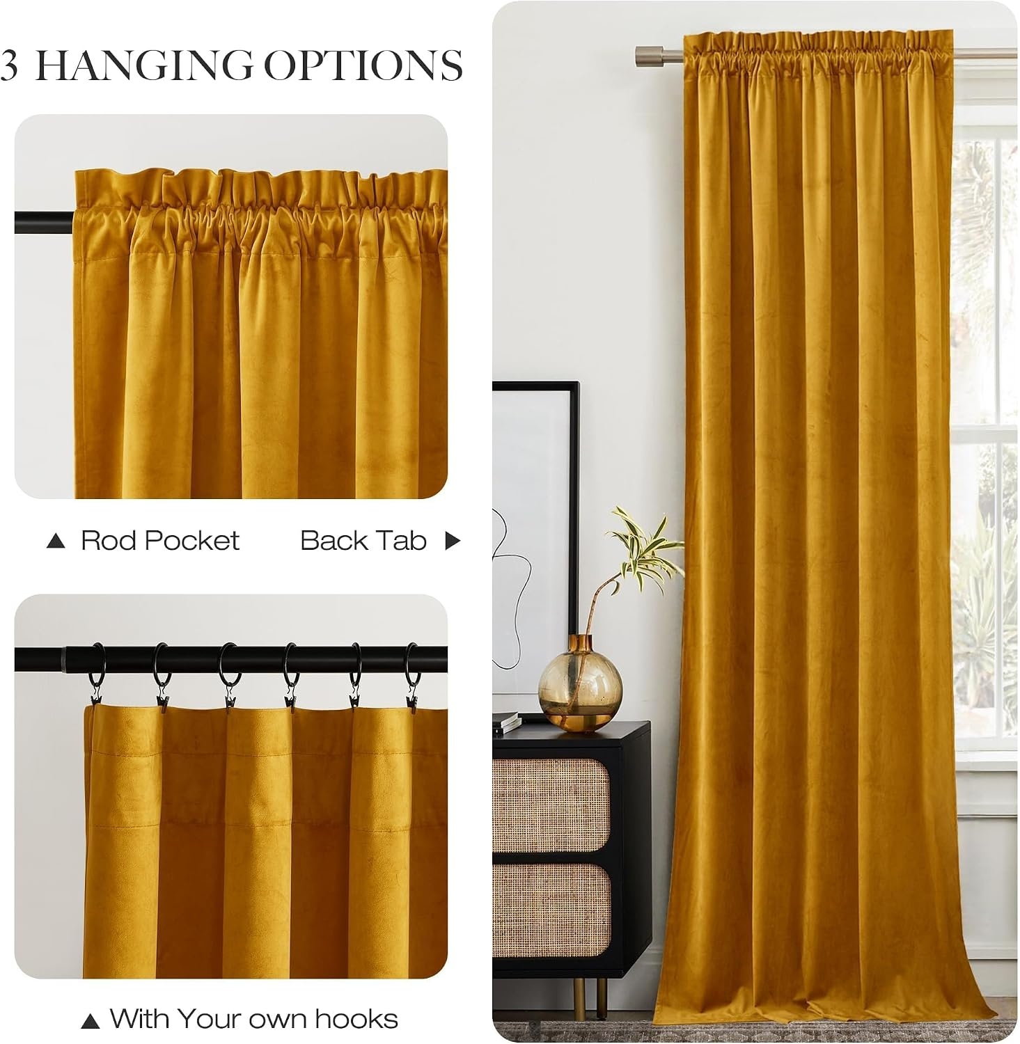 image:imageNICETOWN Black Velvet Blackout Curtains 96 inch Long 2 PanelsYellow Series Yellowish Gold