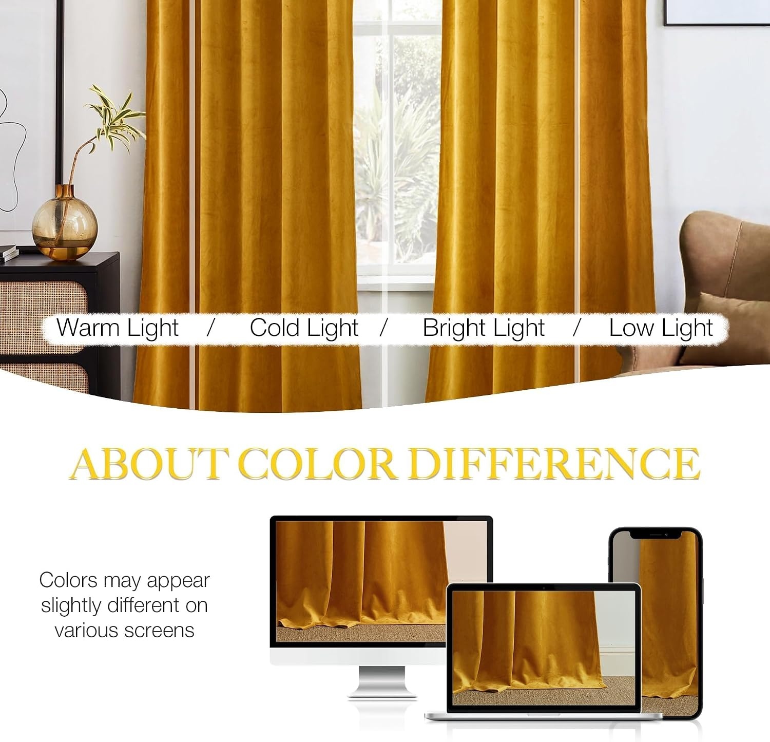 image:imageNICETOWN Black Velvet Blackout Curtains 96 inch Long 2 PanelsYellow Series Yellowish Gold