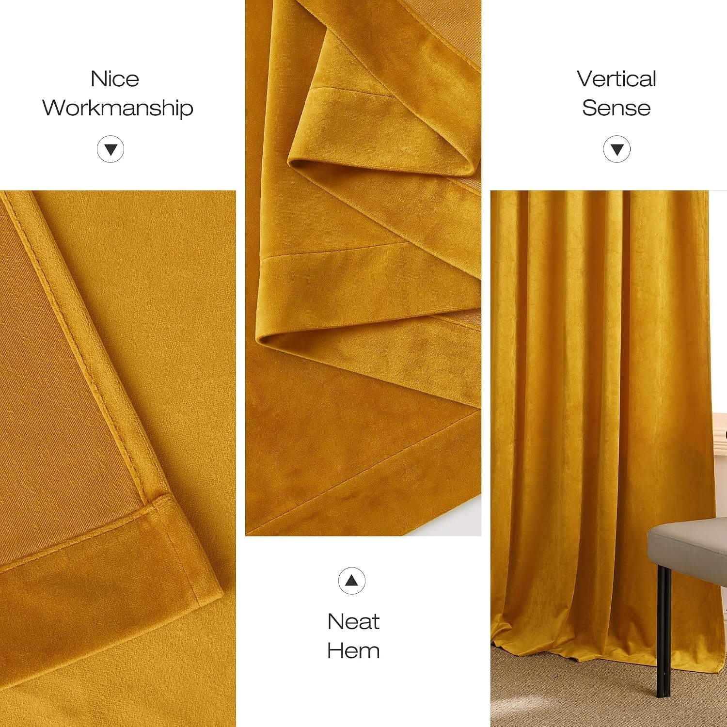 image:imageNICETOWN Black Velvet Blackout Curtains 96 inch Long 2 PanelsYellow Series Yellowish Gold