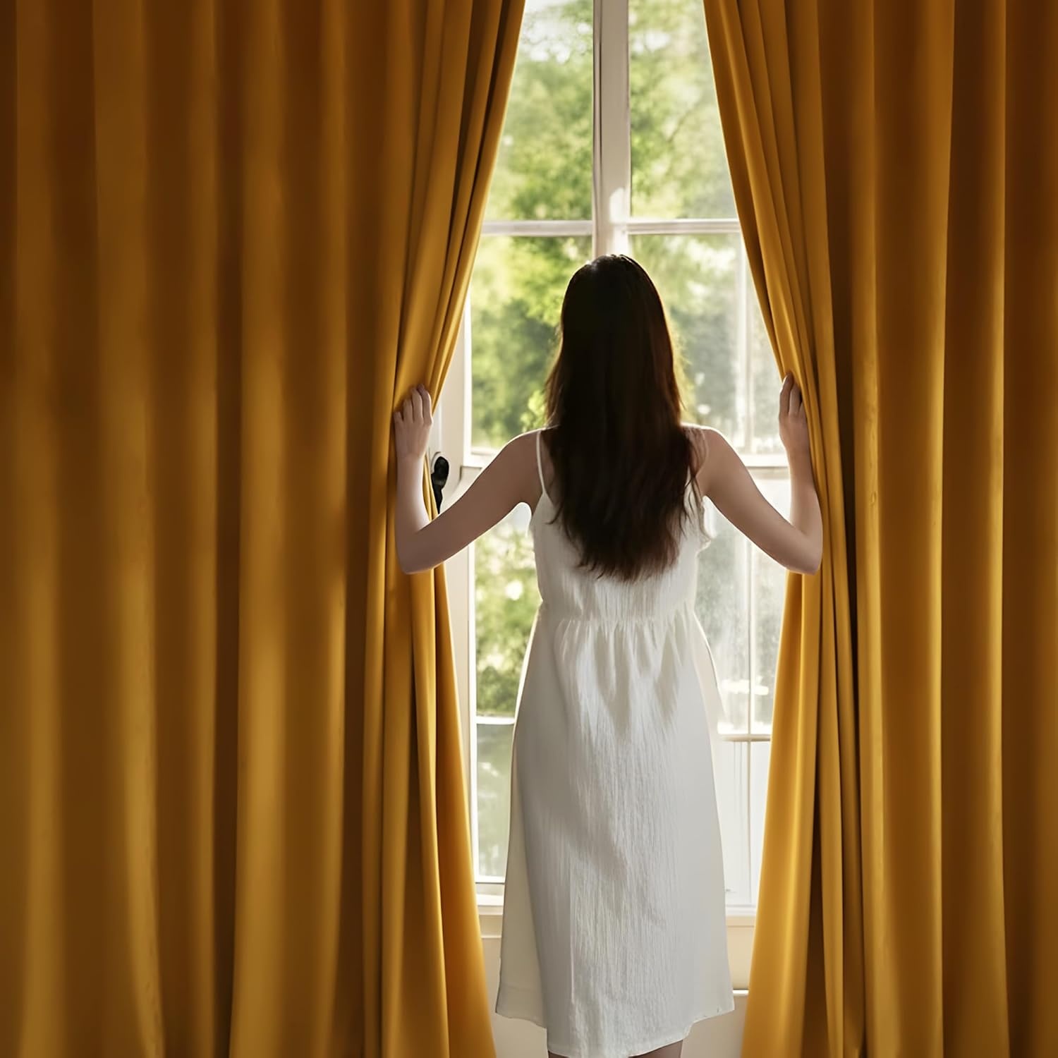 image:imageNICETOWN Black Velvet Blackout Curtains 96 inch Long 2 PanelsYellow Series Yellowish Gold