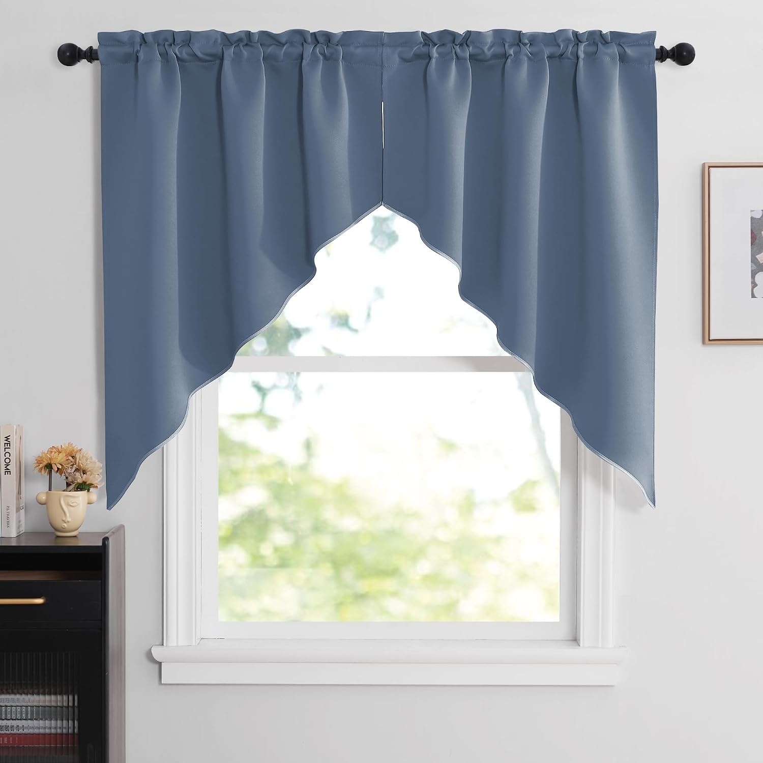 image:imageNICETOWN Blackout Window Treatment Pole Pocket Kitchen Tier Curtains Tailored Scalloped ValanceSwags for Living Room One Pair 36 Wide by 63inches Long Each Panel GreyStone Blue