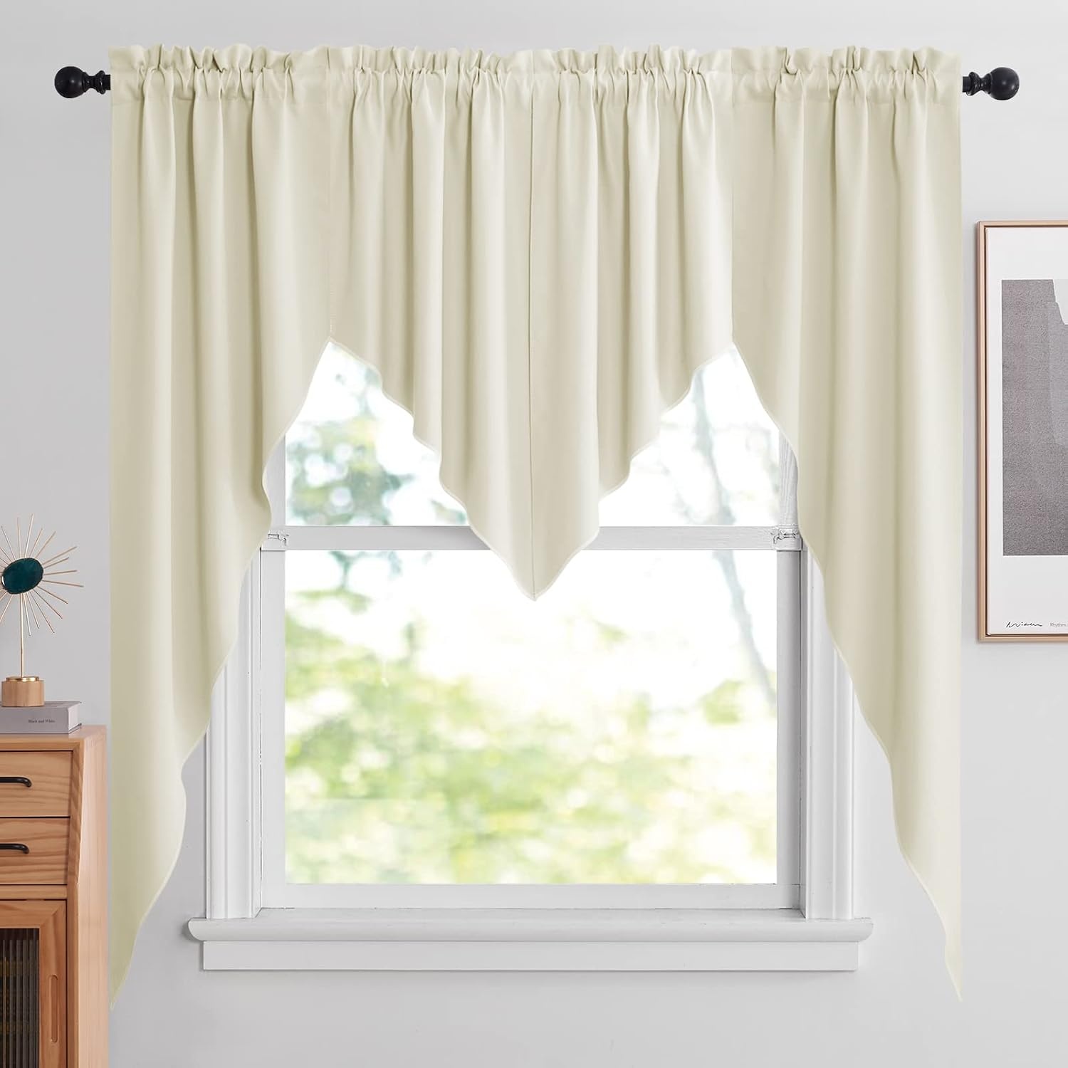 image:imageNICETOWN Blackout Window Treatment Pole Pocket Kitchen Tier Curtains Tailored Scalloped ValanceSwags for Living Room One Pair 36 Wide by 63inches Long Each Panel GreyLight Beige