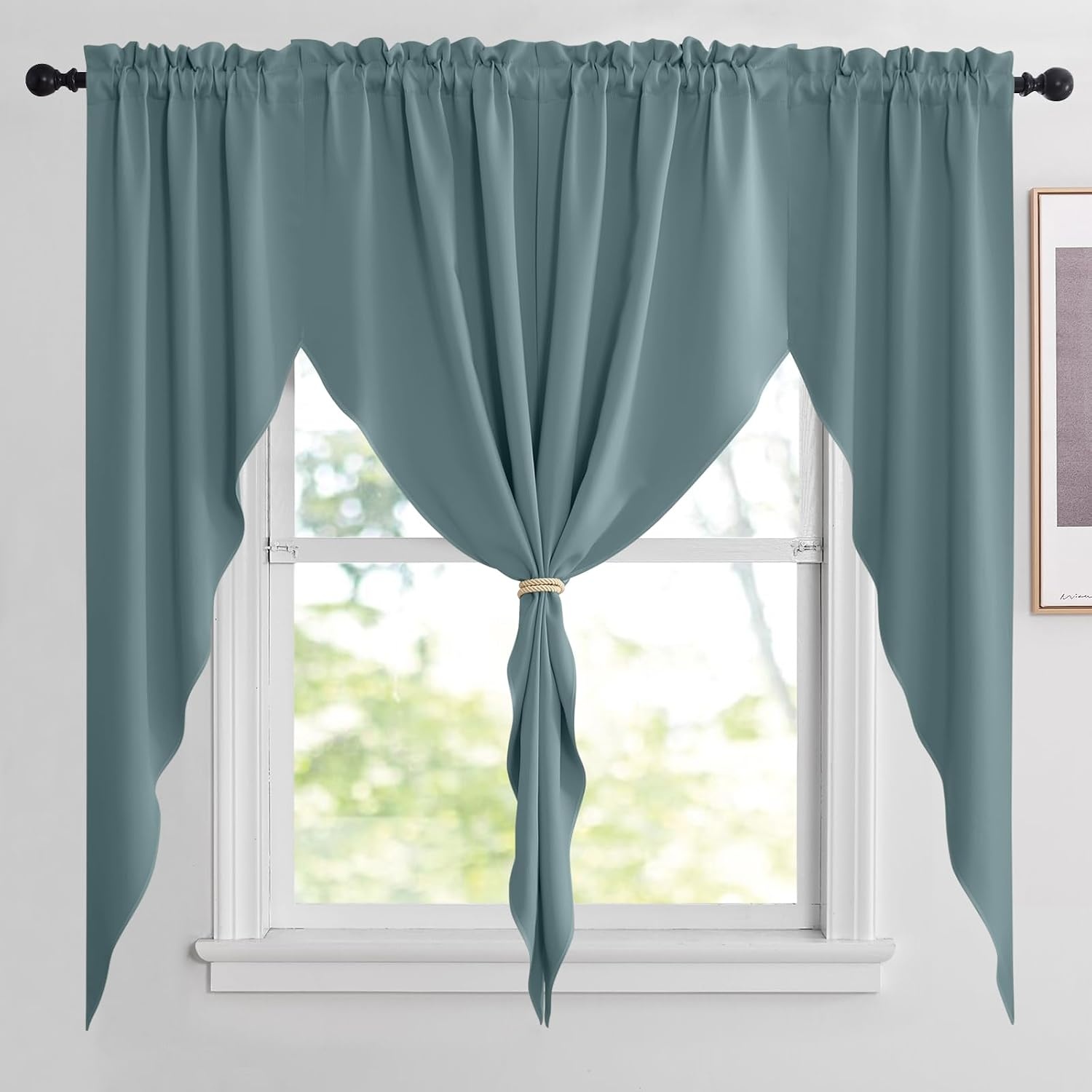image:imageNICETOWN Blackout Window Treatment Pole Pocket Kitchen Tier Curtains Tailored Scalloped ValanceSwags for Living Room One Pair 36 Wide by 63inches Long Each Panel GreyGreyish Blue