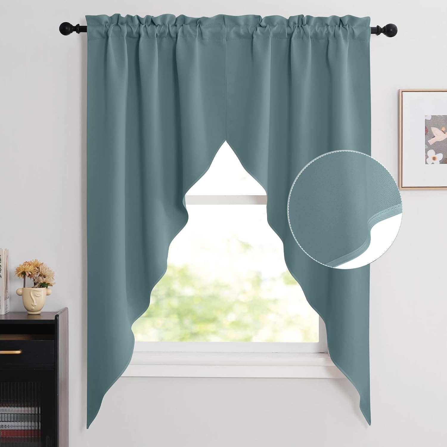 image:imageNICETOWN Blackout Window Treatment Pole Pocket Kitchen Tier Curtains Tailored Scalloped ValanceSwags for Living Room One Pair 36 Wide by 63inches Long Each Panel GreyGreyish Blue