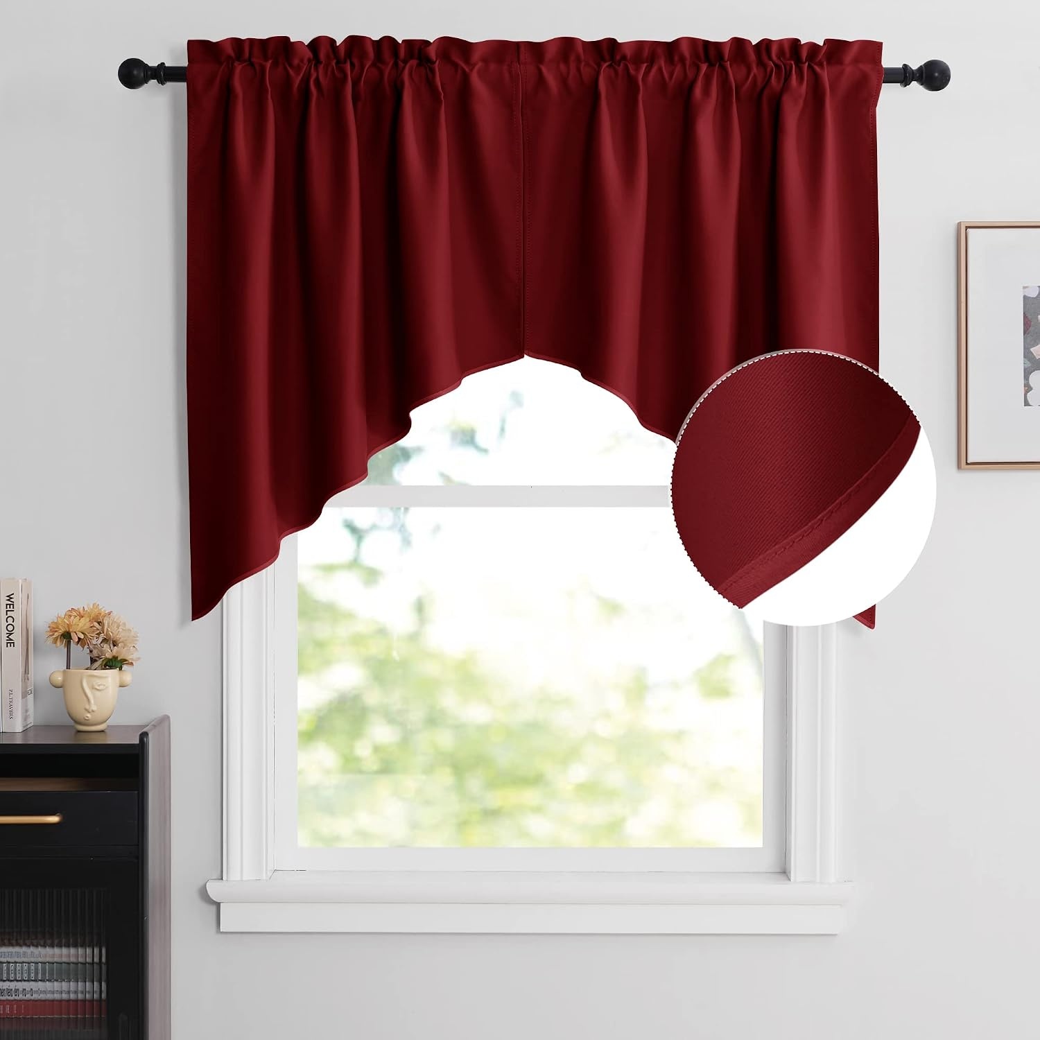 image:imageNICETOWN Blackout Window Treatment Pole Pocket Kitchen Tier Curtains Tailored Scalloped ValanceSwags for Living Room One Pair 36 Wide by 63inches Long Each Panel GreyBurgundy Red