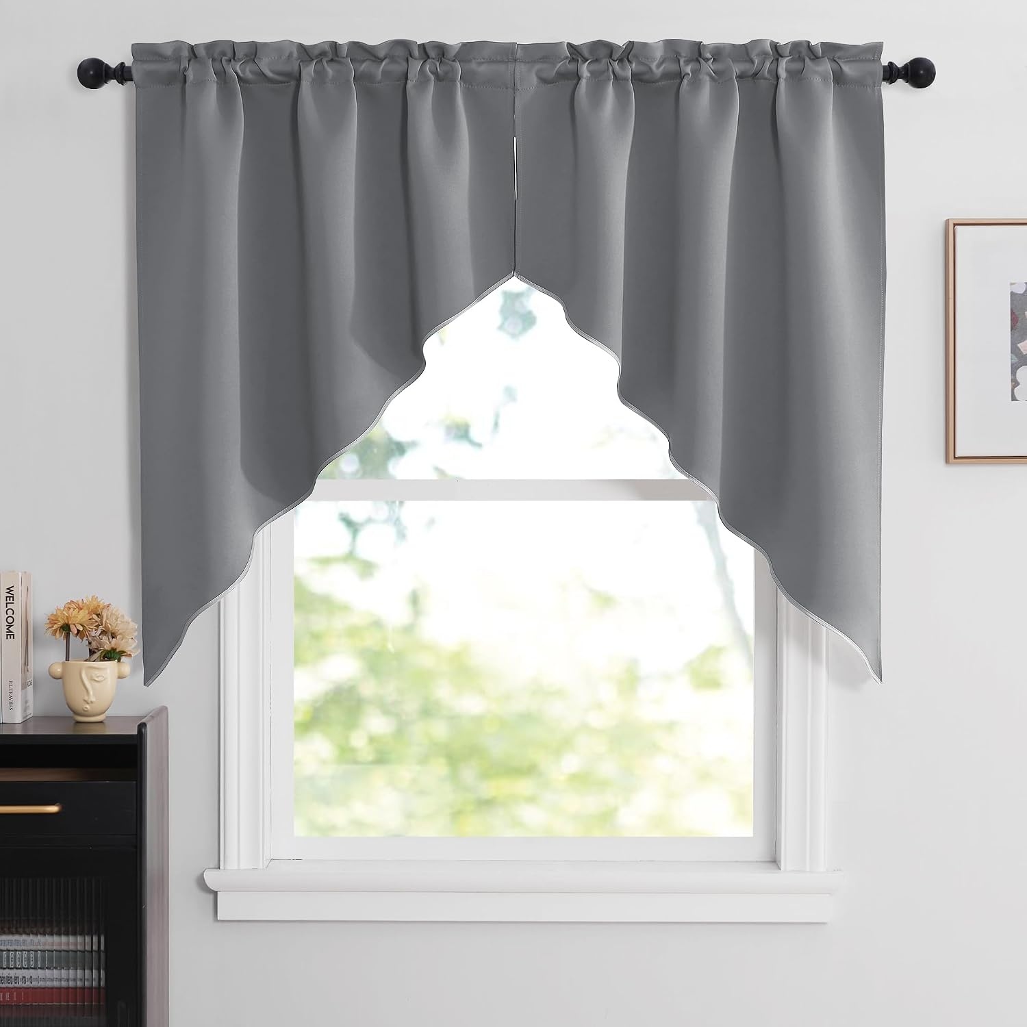 image:imageNICETOWN Blackout Window Treatment Pole Pocket Kitchen Tier Curtains Tailored Scalloped ValanceSwags for Living Room One Pair 36 Wide by 63inches Long Each Panel GreySilver Grey