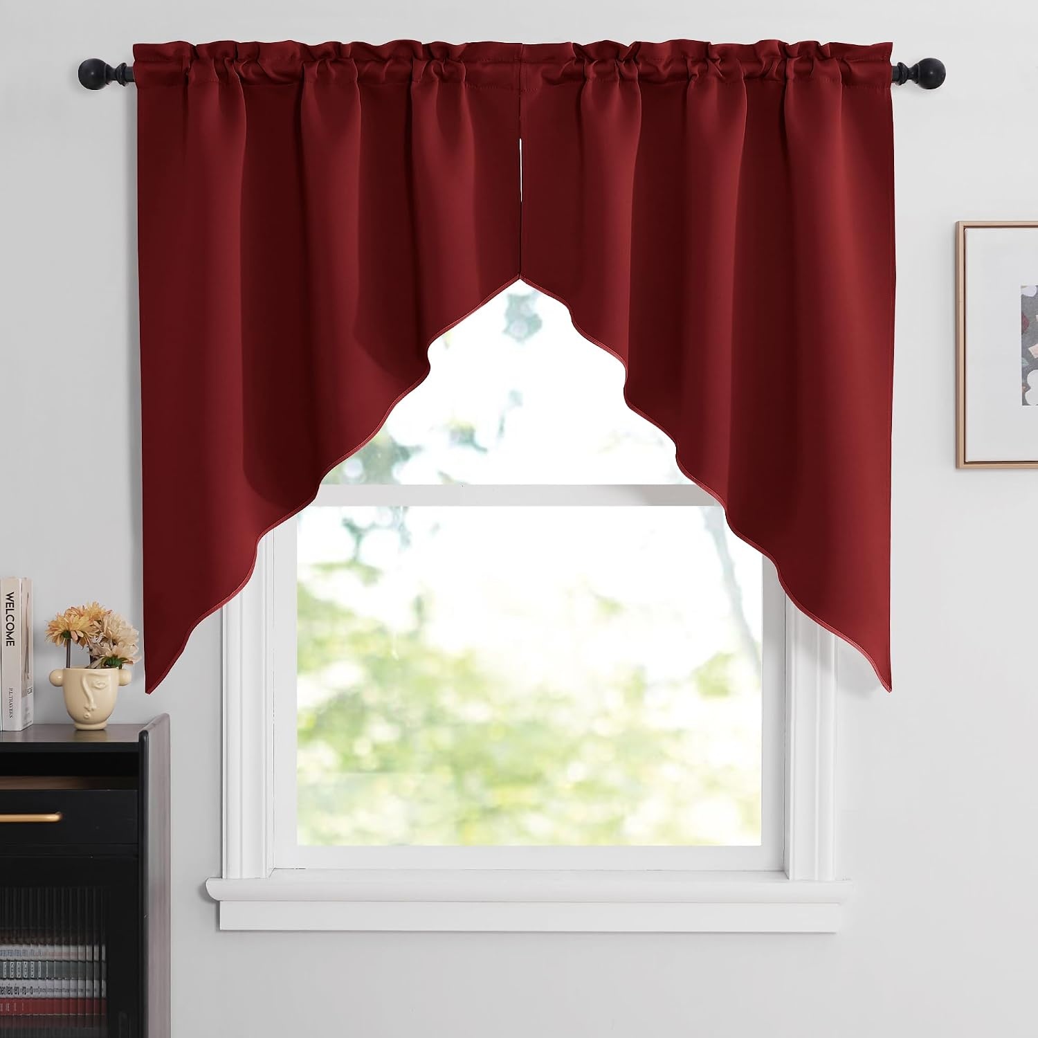 image:imageNICETOWN Blackout Window Treatment Pole Pocket Kitchen Tier Curtains Tailored Scalloped ValanceSwags for Living Room One Pair 36 Wide by 63inches Long Each Panel GreyBurgundy Red