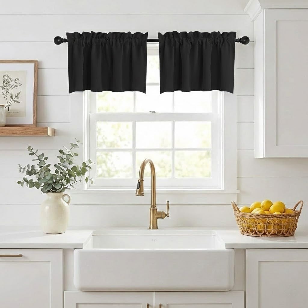 image:imageNICETOWN Blackout Window Treatment Pole Pocket Kitchen Tier Curtains Tailored Scalloped ValanceSwags for Living Room One Pair 36 Wide by 63inches Long Each Panel GreyBlack