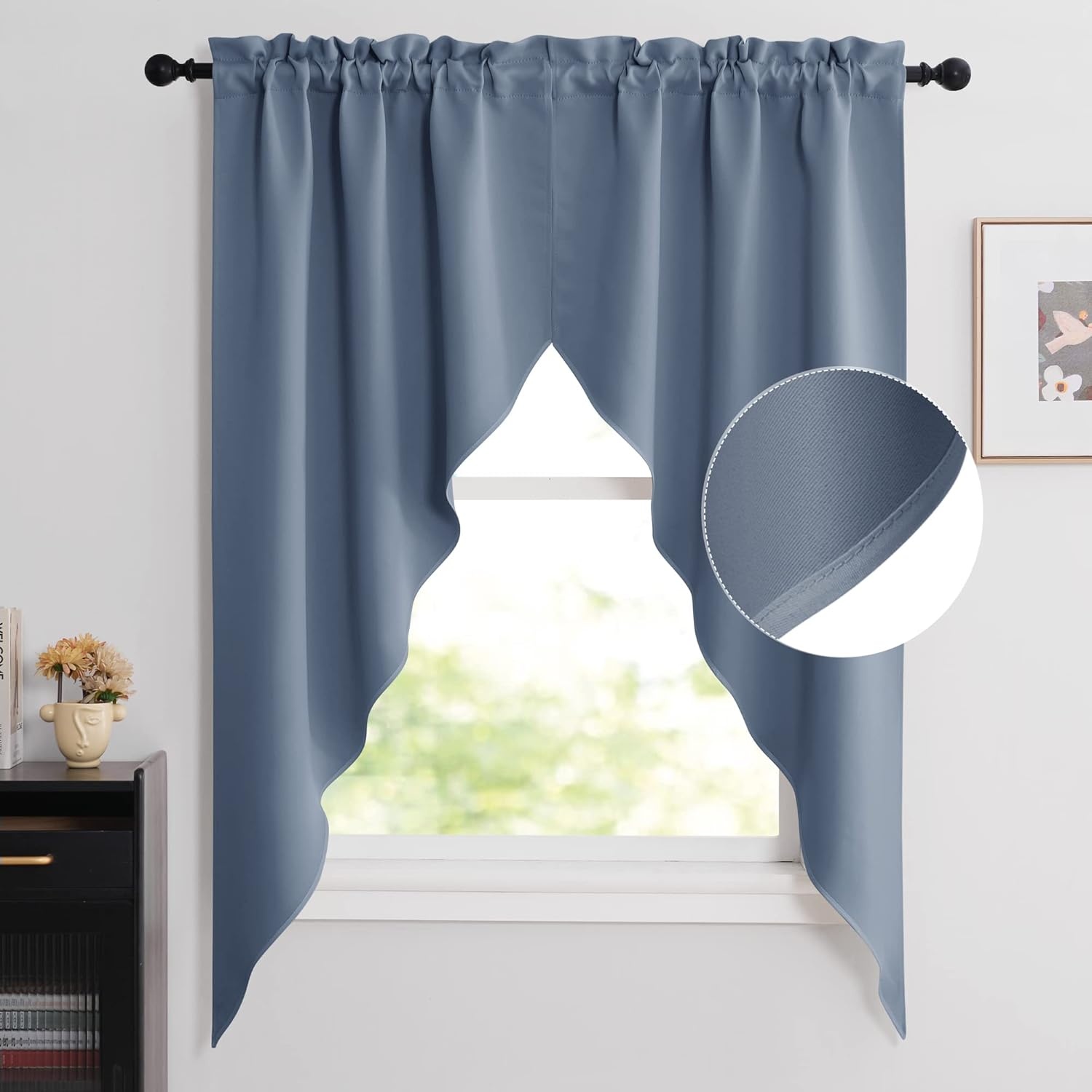 image:imageNICETOWN Blackout Window Treatment Pole Pocket Kitchen Tier Curtains Tailored Scalloped ValanceSwags for Living Room One Pair 36 Wide by 63inches Long Each Panel GreyStone Blue