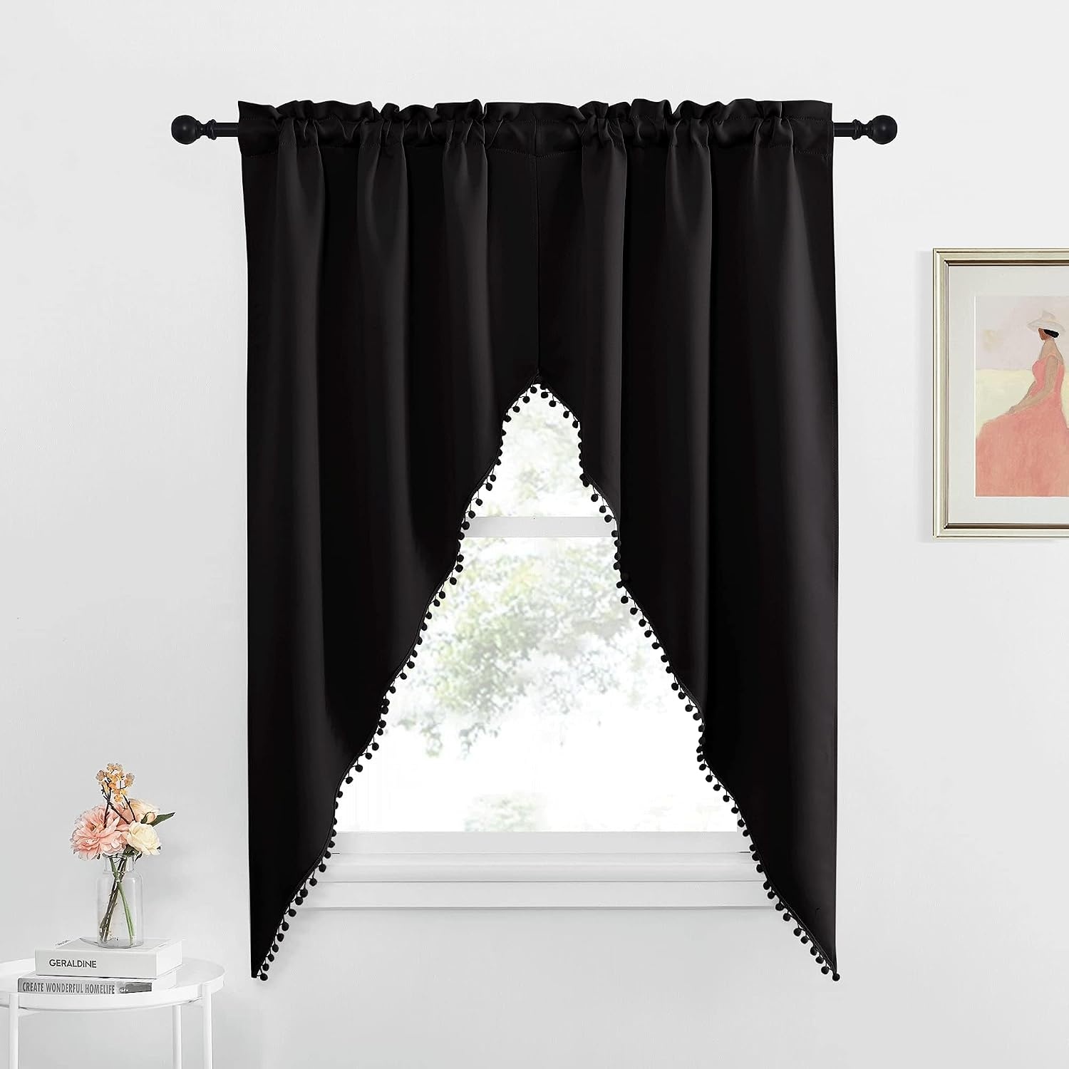 image:imageNICETOWN Blackout Window Treatment Pole Pocket Kitchen Tier Curtains Tailored Scalloped ValanceSwags for Living Room One Pair 36 Wide by 63inches Long Each Panel GreyPom Pomblack